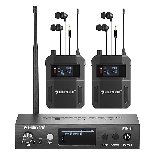 Phenyx Pro Wireless in Ear Monitor System,Dual in Ear Monitors for Musicians, Mono Stage Monitor, Metal IEM w/ 2 Bodypacks, 50 UHF Frequencies, Rack Mount, 164ft Range, for Studio/Band (PTM-11-2B)