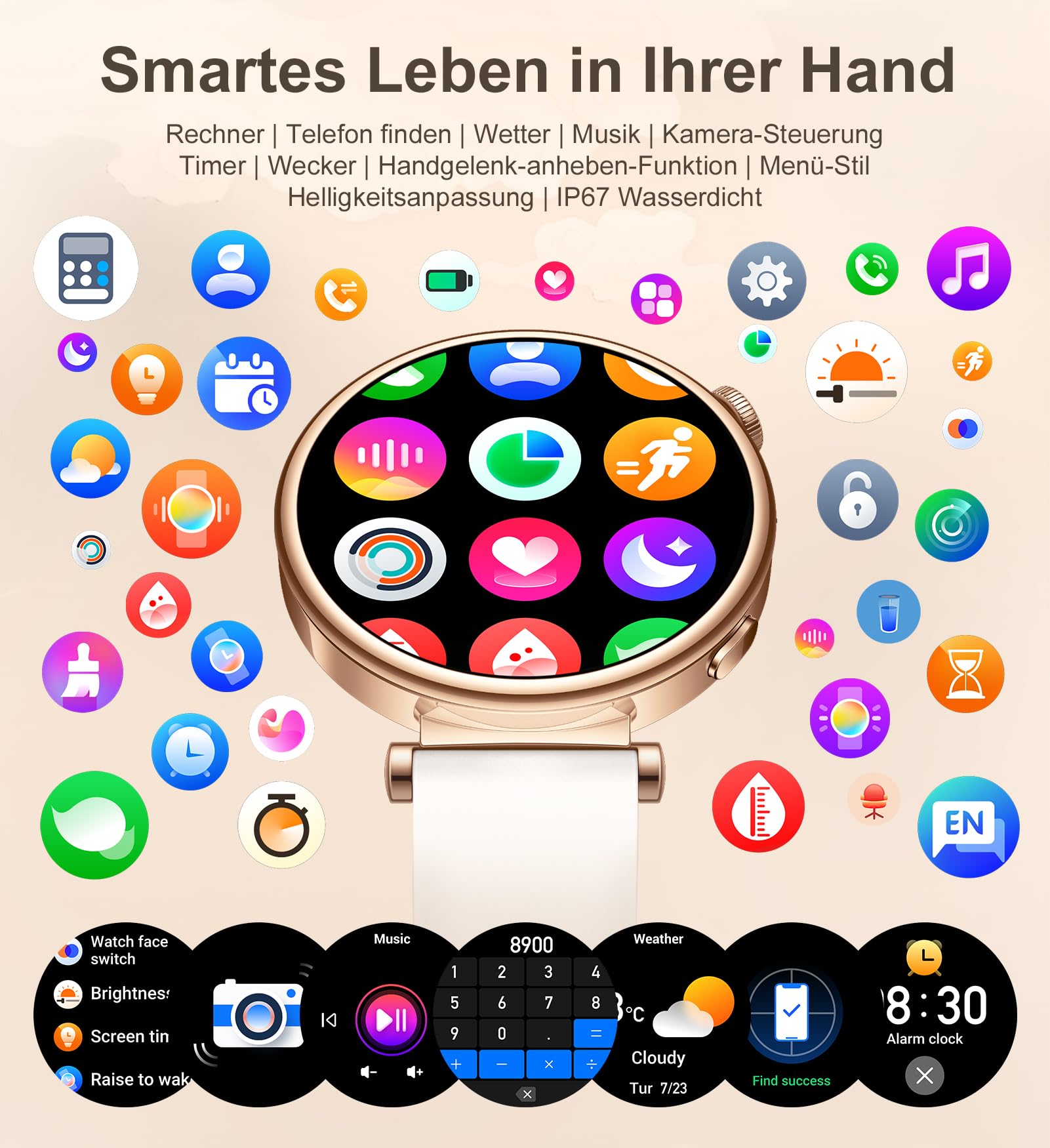Smartwatch Damen mit Telefonfunktion 1,27" HD Touchscreen 41mm Fitness Tracker 100+ Sportmodi Schlafmonitor Schrittzähler Rund Smart Watch für iOS Android Roségold