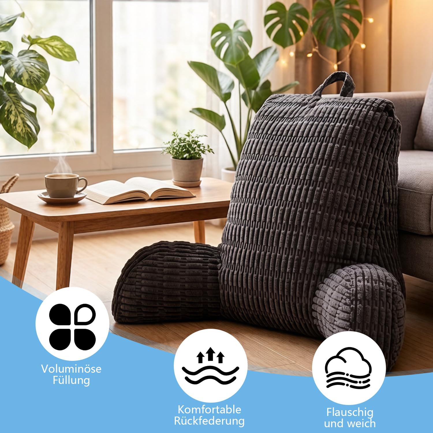Cojín de lectura para cama y sofá, cojín lumbar lavable con reposabrazos lateral y bolsa de almacenamiento, cojín ergonómico y cómodo para TV, lectura y juegos móviles (80 x 55 cm, gris
