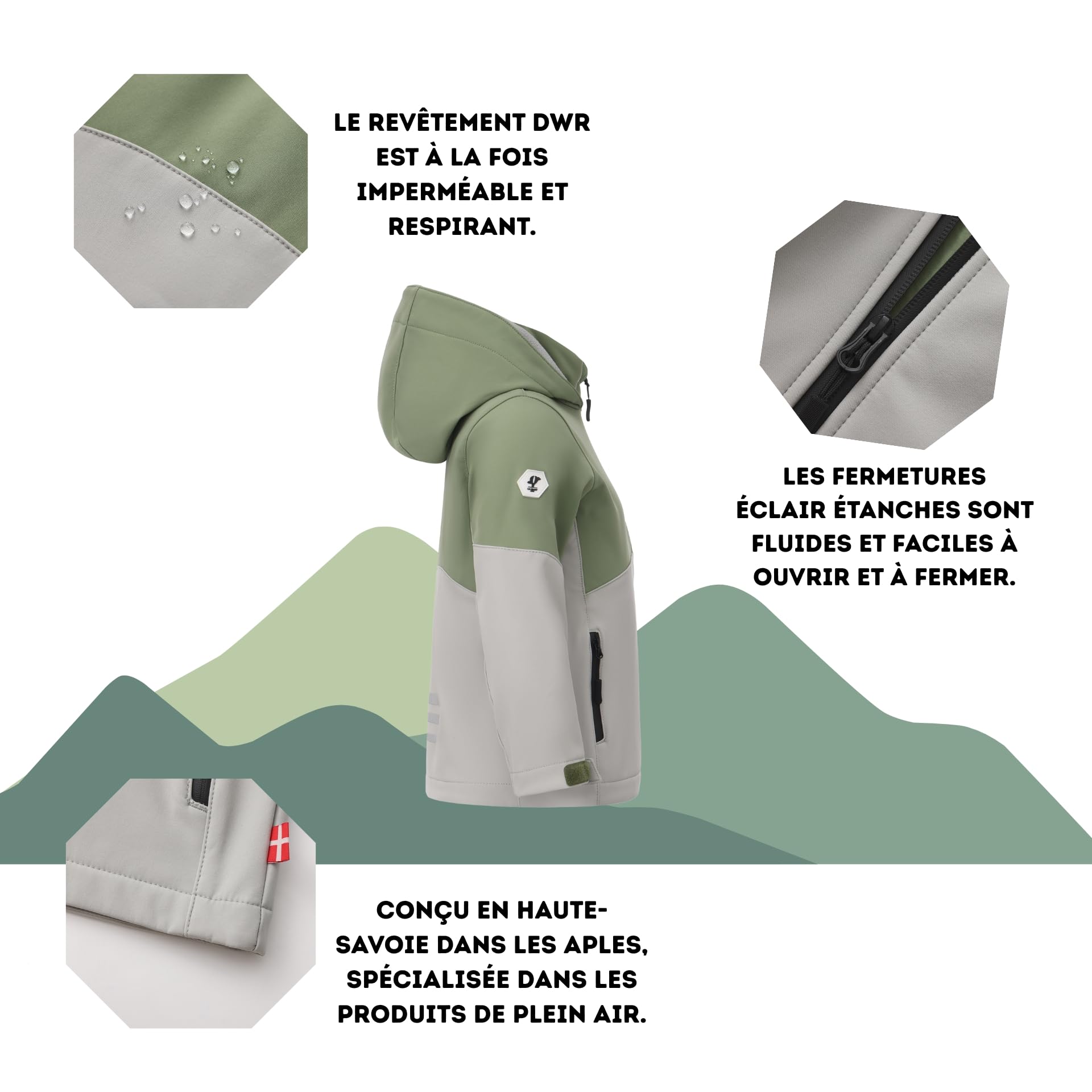 Giacca softshell con cappuccio per bambini e ragazzi, fodera in pile. Materiale impermeabile 5000 mm senza PFC minimizzato dall'inquinamento.