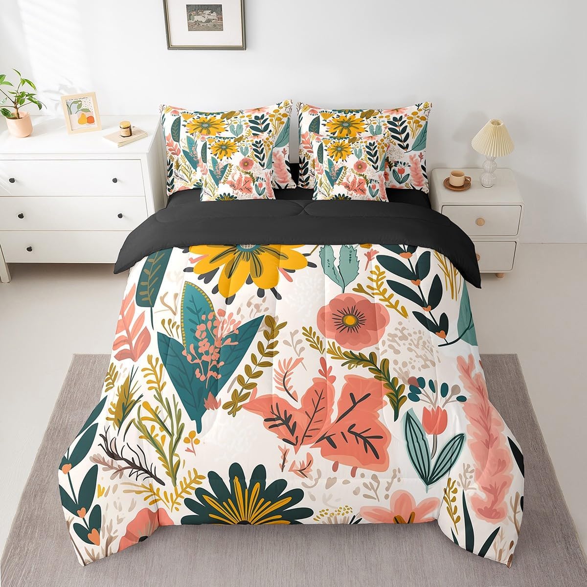 Erosebridal Boho Floral Bed in a Bag 7 Pieces Tropical Leaves Bedding Set for Girls Women, Colorful Flower King Size Comforter Set Rustic Farmhouse Bedding Comforter Sets, Chic Vintage Elegant Bed Set