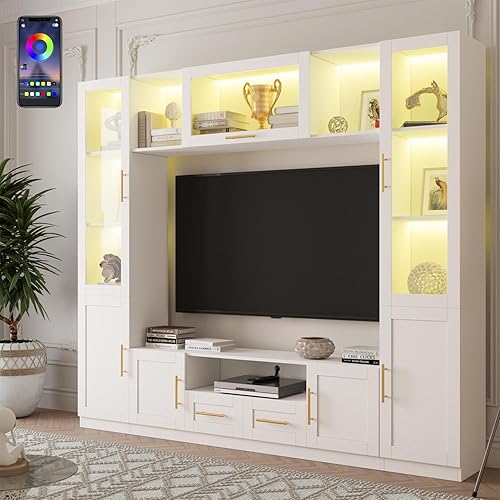 94" Wall Unit Entertainment Center for TVs up to 70",Modern TV Console with APP LED Lights,Multifunctional TV Stand with Tempered Glass Door,Drawers & Shelves for Living Room,White