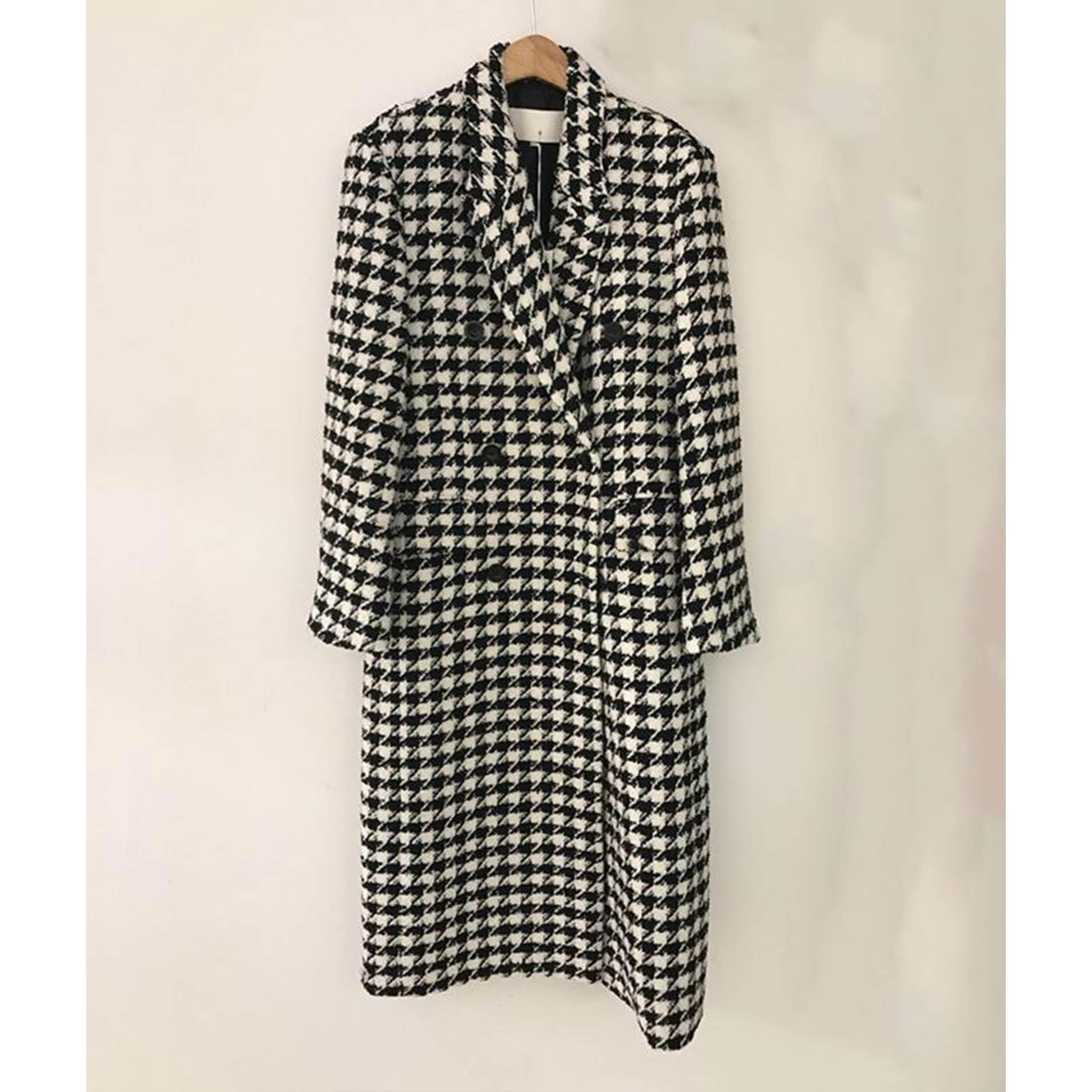 Damski płaszcz dwurzędowy typu peacoat, długa kurtka, elegancki płaszcz w pepitkę, modny płaszcz, kurtka zimowa, płaszcz przejściowy, kołnierz z klapami, kurtka casualowa