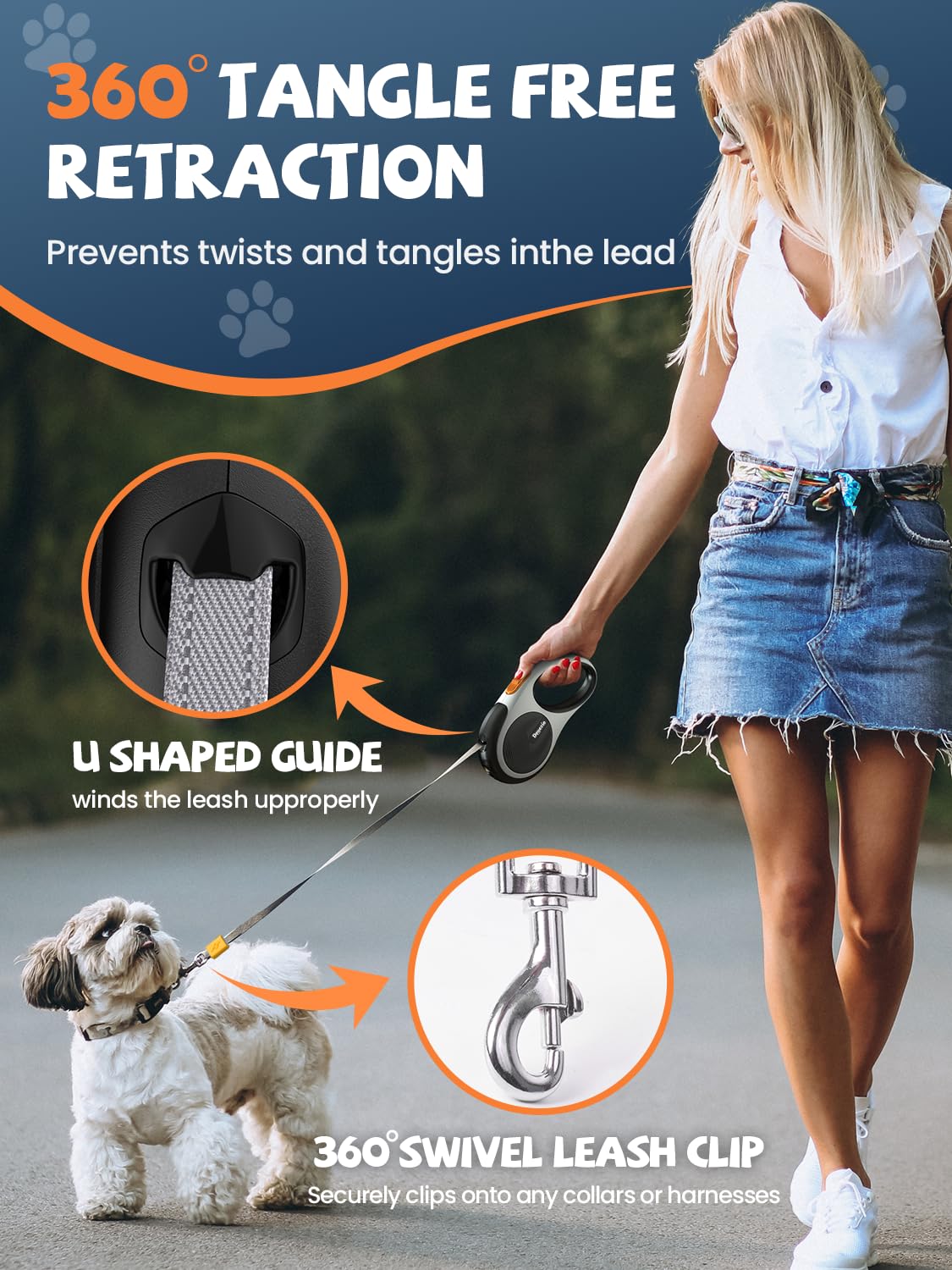 Correa retráctil para perro con linterna LED, correa retráctil 3 en 1 para perros pequeños y medianos de hasta 66 libras, 16 pies, mango antideslizante (negro-blanco)