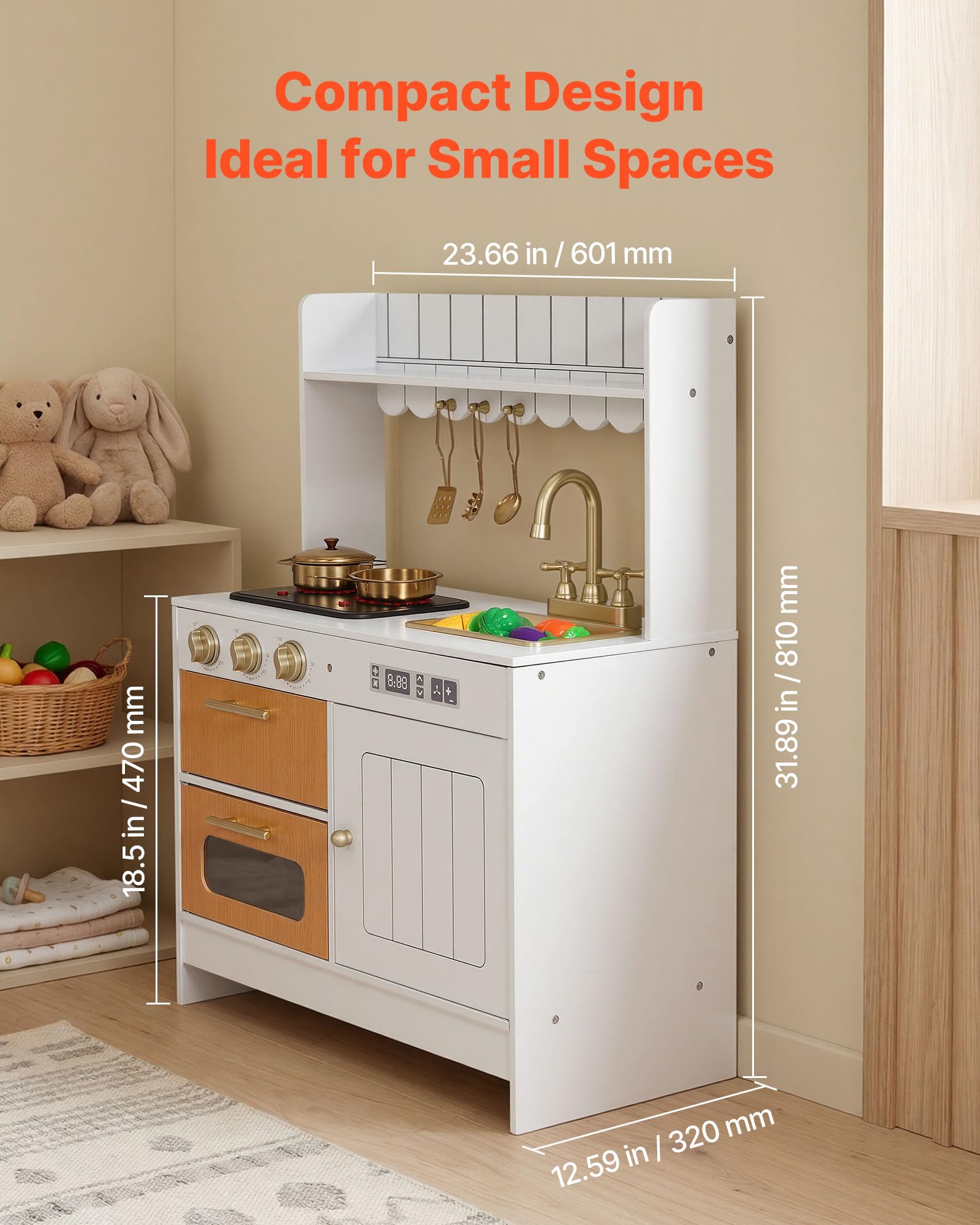 VEVOR Cocina de Juguete para Niños de 3 a 8 Años, Cocinita Infantil de Madera con Luces y Sonidos, Zonas Interactivas, Juego de Cocina con Almacenamiento, Microondas, Fregadero, Accesorios, Blanco