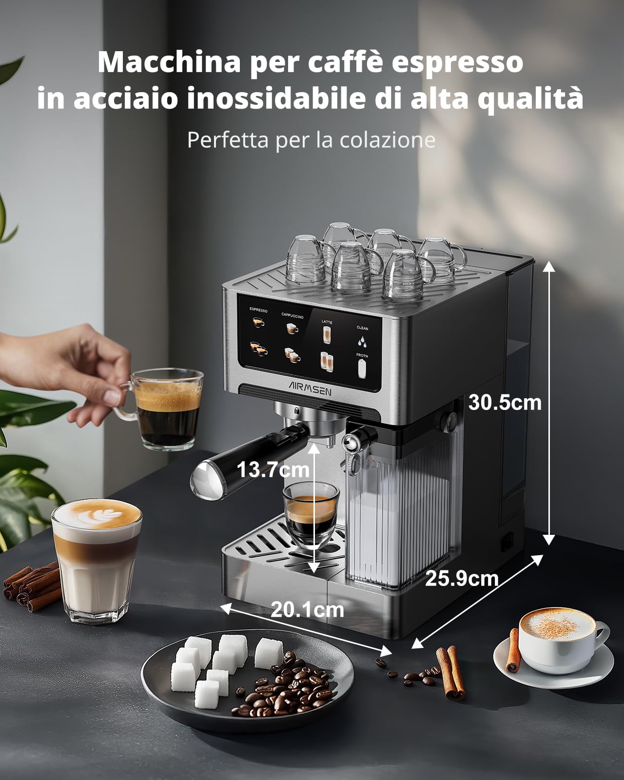 Macchina per Espresso 20 Bar per Casa con Frotheria Automatica, Cappuccino & Latte Caffè Macchina, Doppio Boiler Quick Estrazione (1350W+1000W), Acciaio Inox, Serbatoio d'Acqua 1.8L, Touchscreen