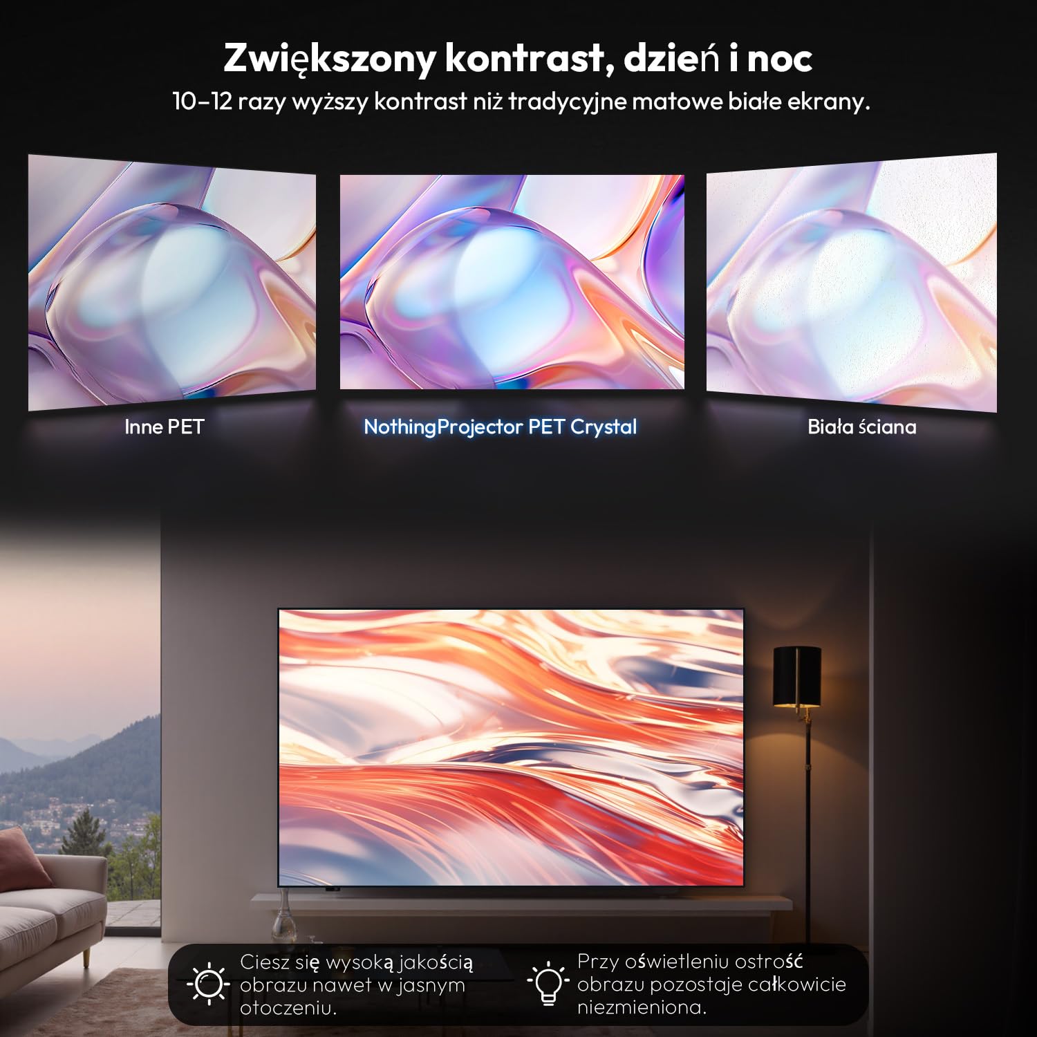 Ekran projektora, 100 cali, Ambient Ceiling Light Rejecting ALR CLR, 4K Ultra HD Ramka stała 16:9, PET Crystal, Montaż na ścianie dla projektorów ultra krótka odległość, Seria Classic
