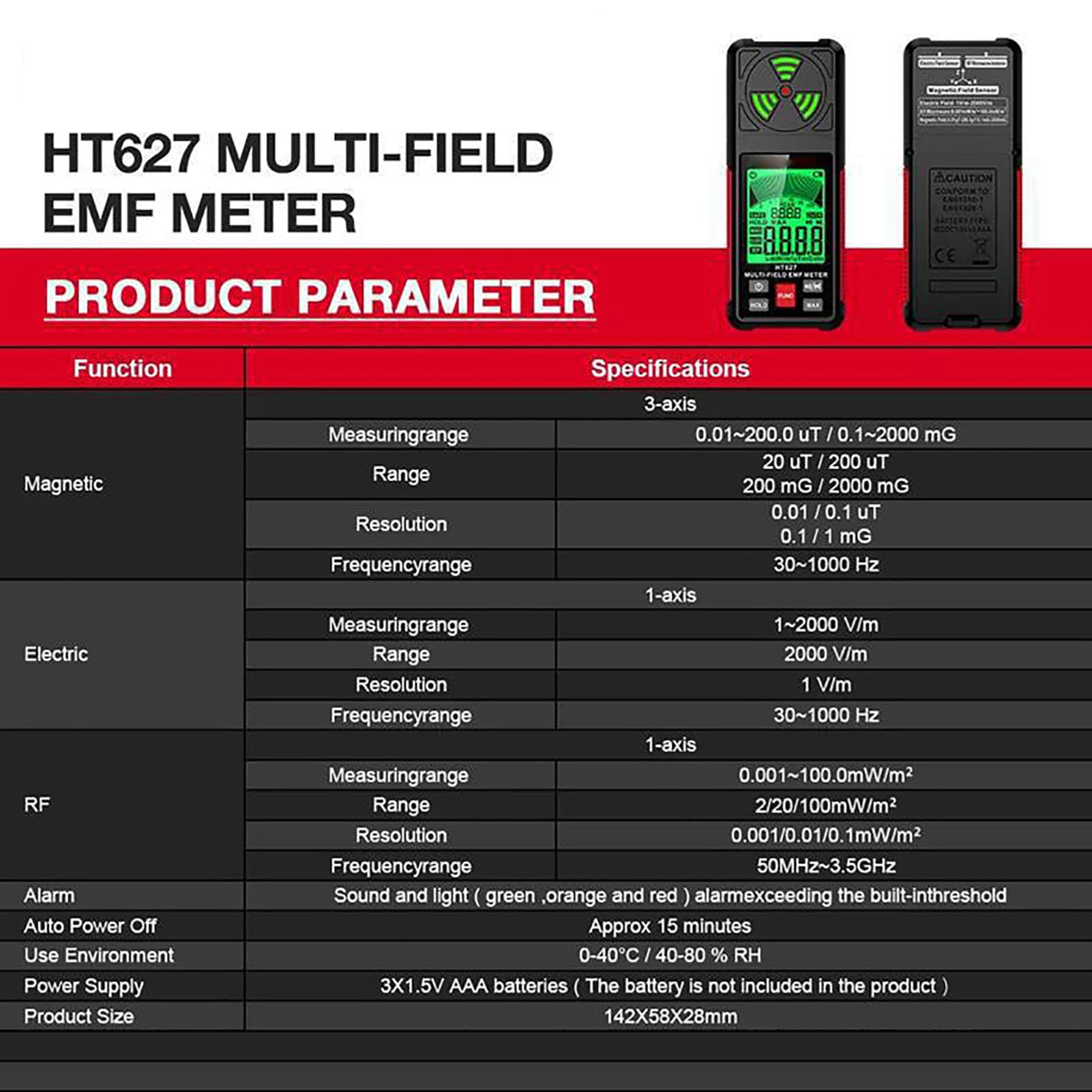 HT627 Miernik EMF Detektor Promieniowania 3 w 1 dla RF EF MF z Czujnikiem Osi 5G WiFi Alarm do Testów Paranormalnych w Domowym Biurze (Wersja standardowa HT627)