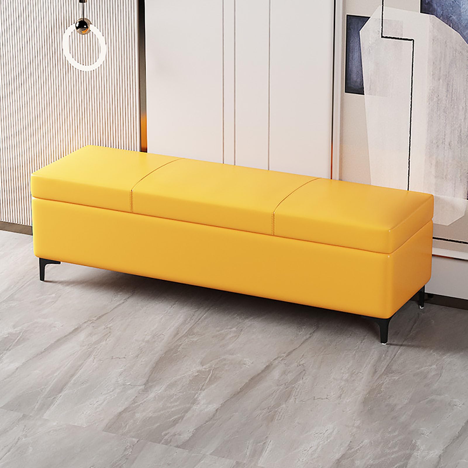 Banc à chaussures avec rangement intégré jaune pour désencombrer une entrée étroite