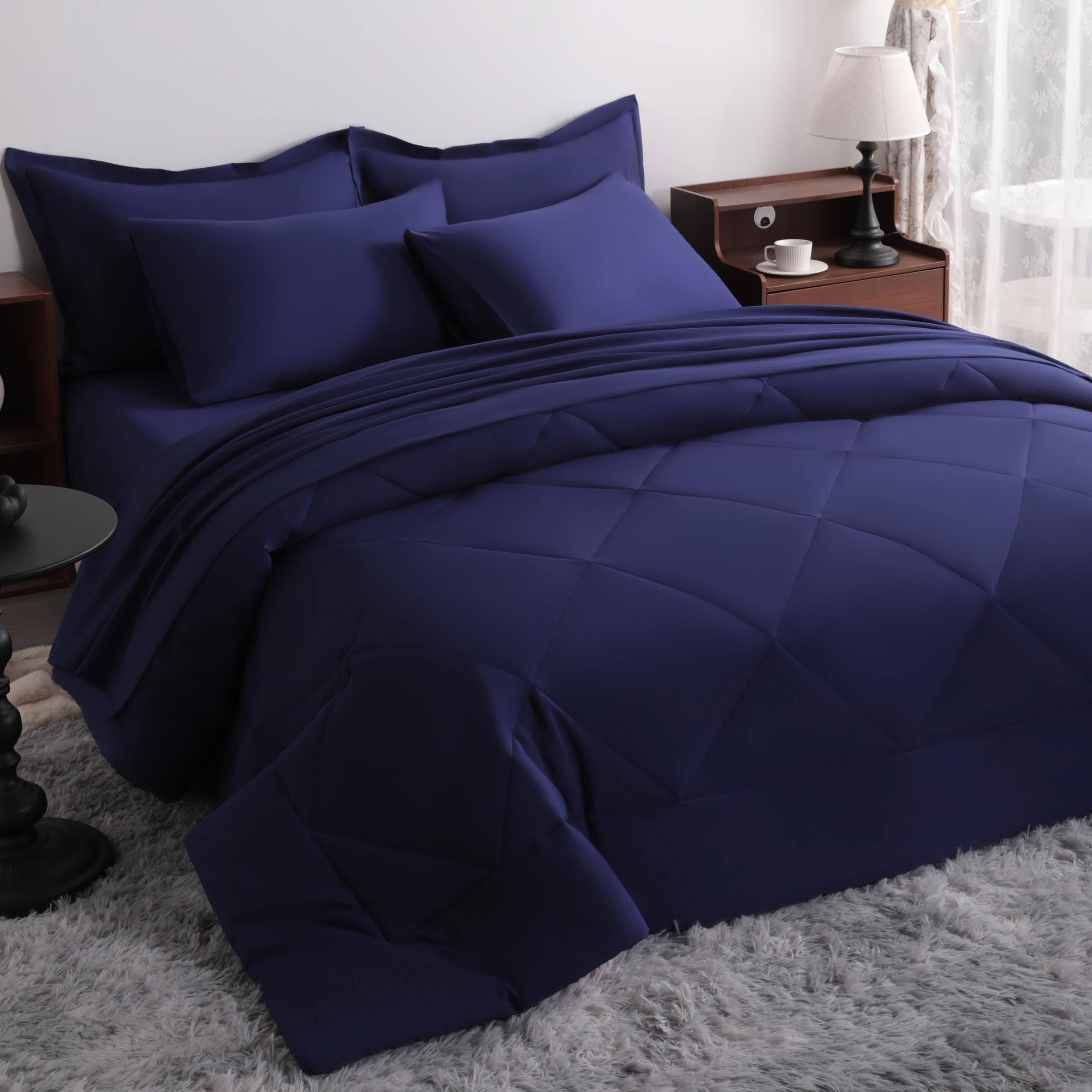 NTBAY King Microfiber Bed in a Bag, Comforter Set 7 Piece, Navy Blue