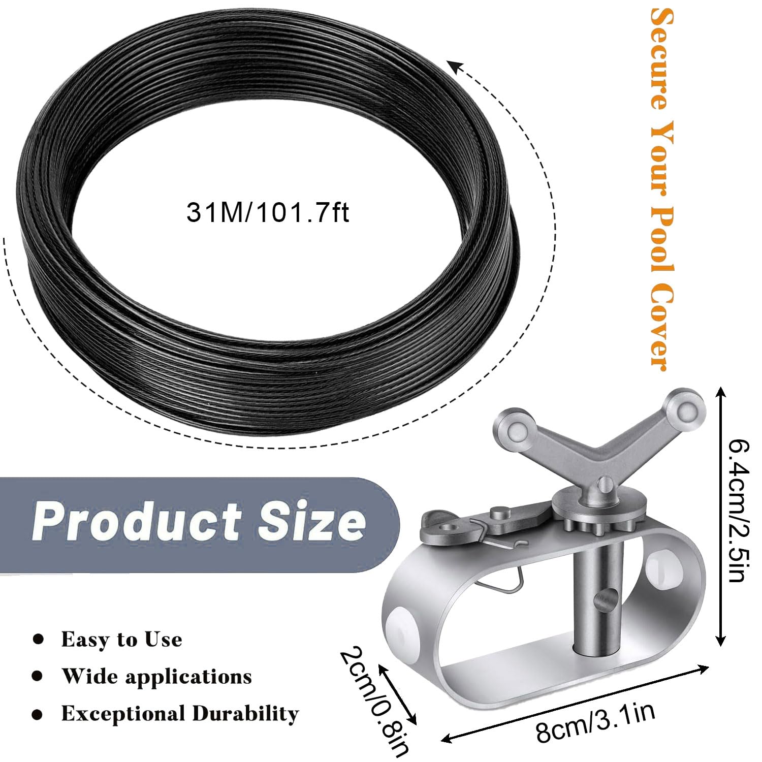 Câble Acier Inoxydable 304 Avec Revêtement Nylon - 31 M + 2 Tendeurs, Pour Bâche Piscine, Clôture, Plantes Grimpantes - 8