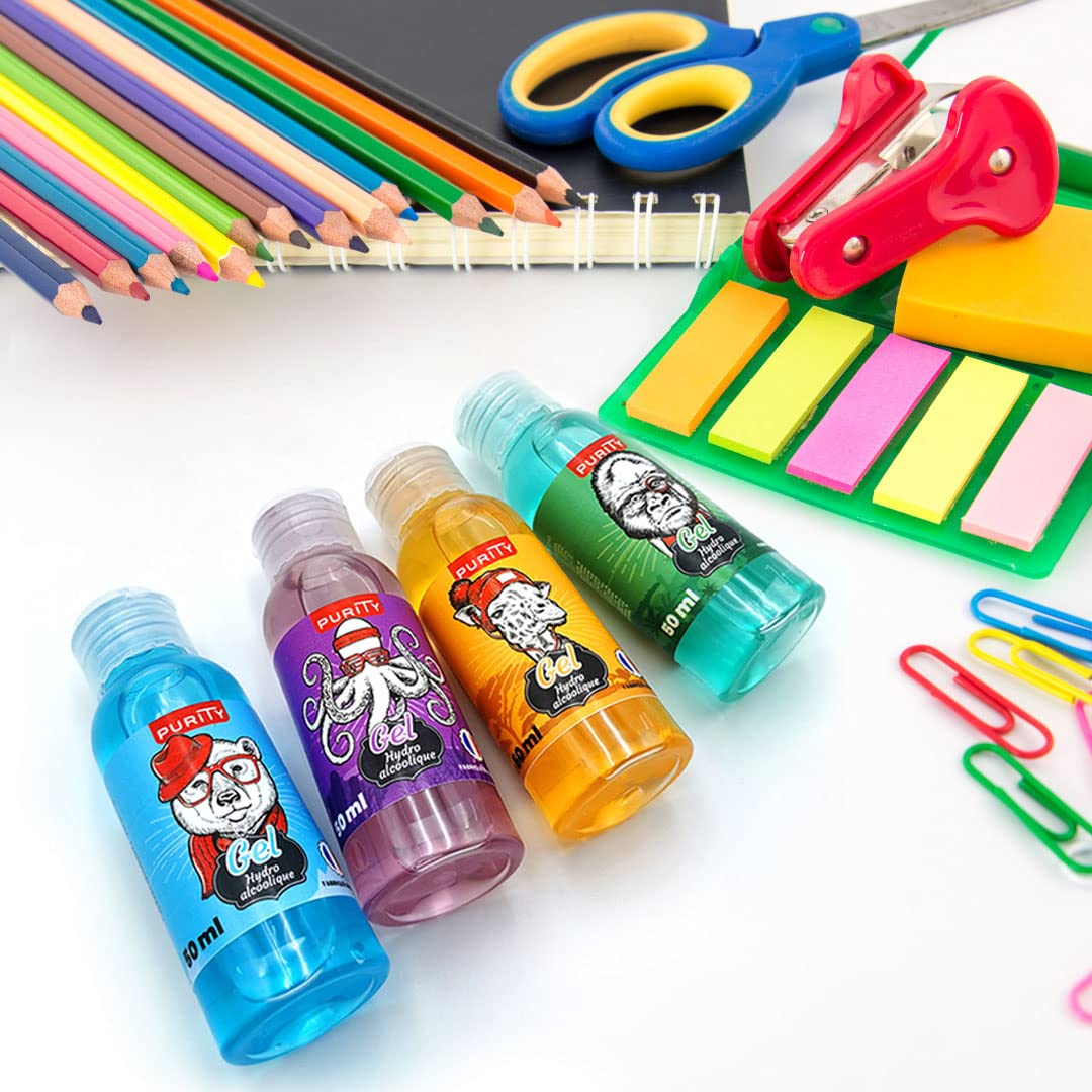 4 Mini-flacons de gel hydroalcoolique PARFUM Cola, Abricot, Bubble gum, Vanille Coco