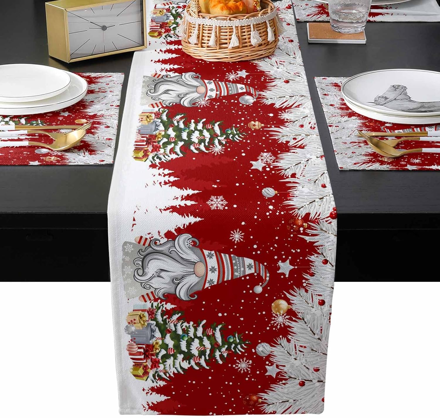 Christmas Table Runner with Placemats Set of 4, Cotton Linen Kitchen Dining Mats Long Table Cover 13"x90" Winter Silver Leaf Xmas Ball Snow Gnomes Table Mats Set for Living Room/Dresser/Dining