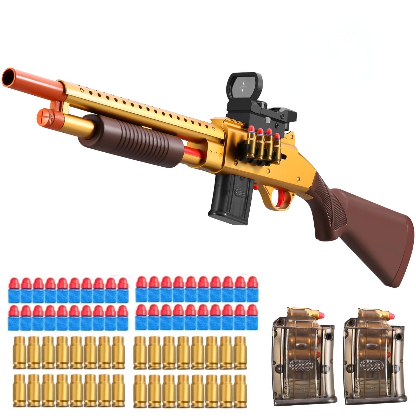 Pump Shotgun Toy Realistic Barrel Shell ejecting Foam Blaster Gun Soft Bullet Sniper Rifle with Scope Dart Pellet Shooting Game for Boys Teens Adults Gifts Age 8-14 Year Old (Gold)