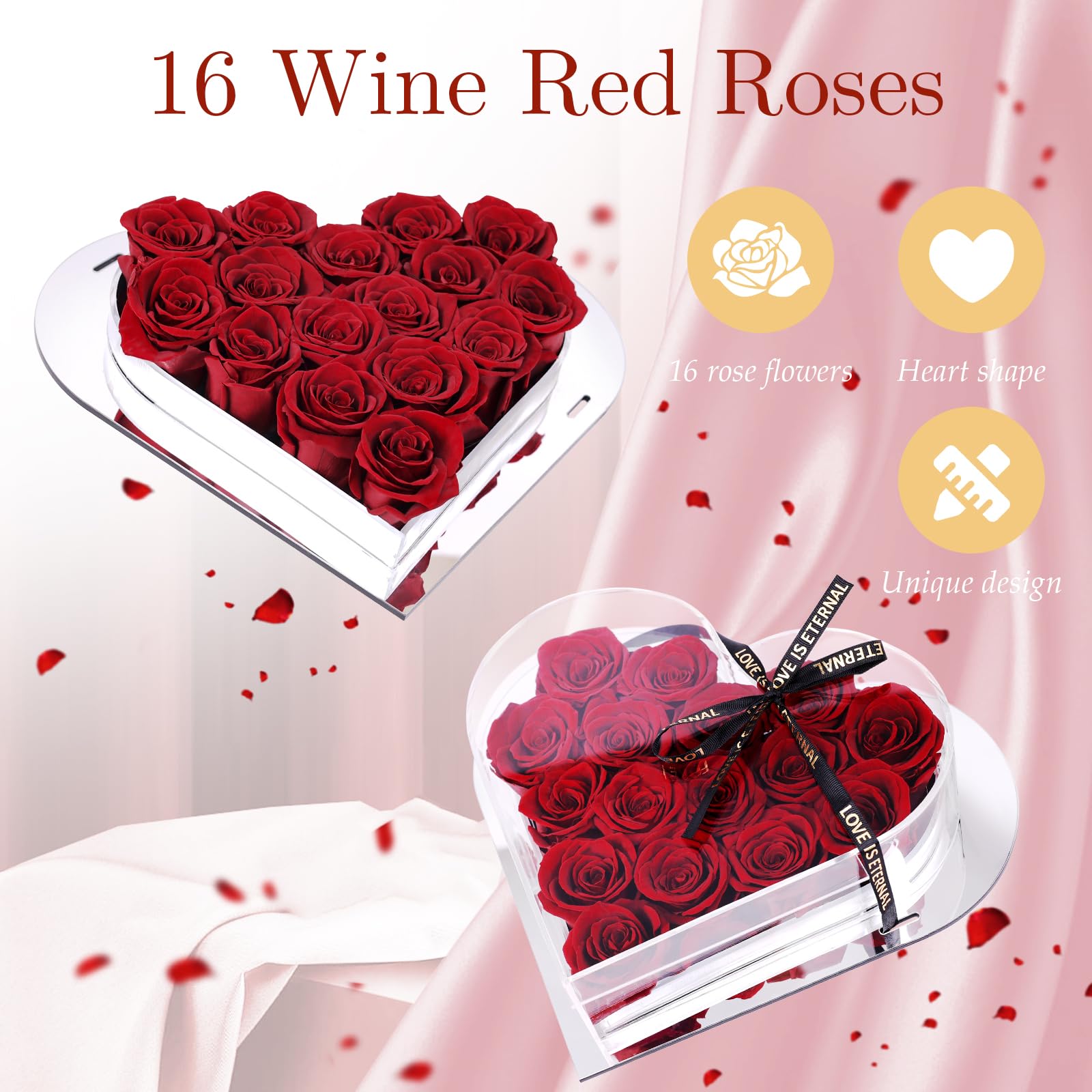 16 Piezas Rosa Eterna Hecha a Mano Rosa Preservada Caja de Regalo Rosas Nunca Marchitas Flor Eterna para el Amante Regalo para Ella en el día de San Valentín día de la Madre