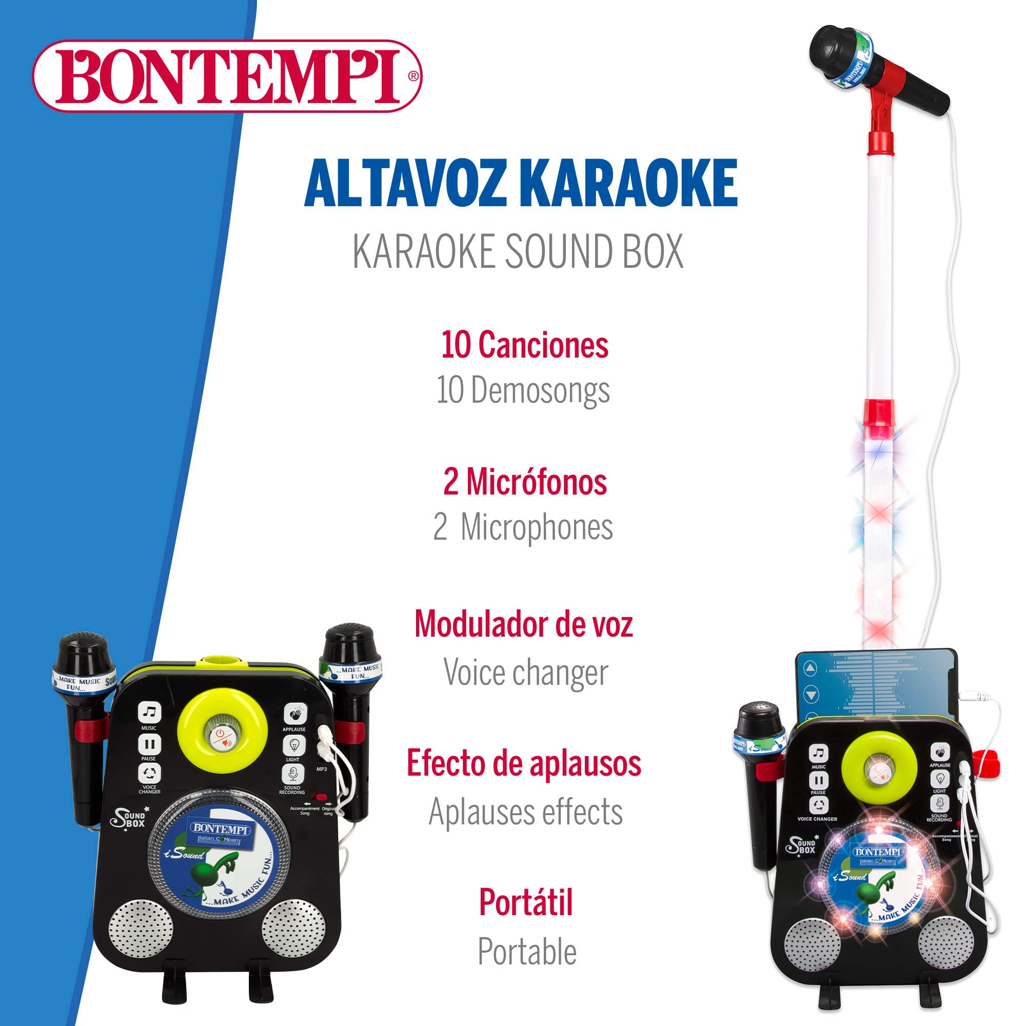 BONTEMPI 46946 Altoparlante karaoke portatile giocattolo con 2 microfoni per bambini/altoparlanti portatili/musica altoparlante portatile. microfono karaoke, microfono per bambini/giocattoli per