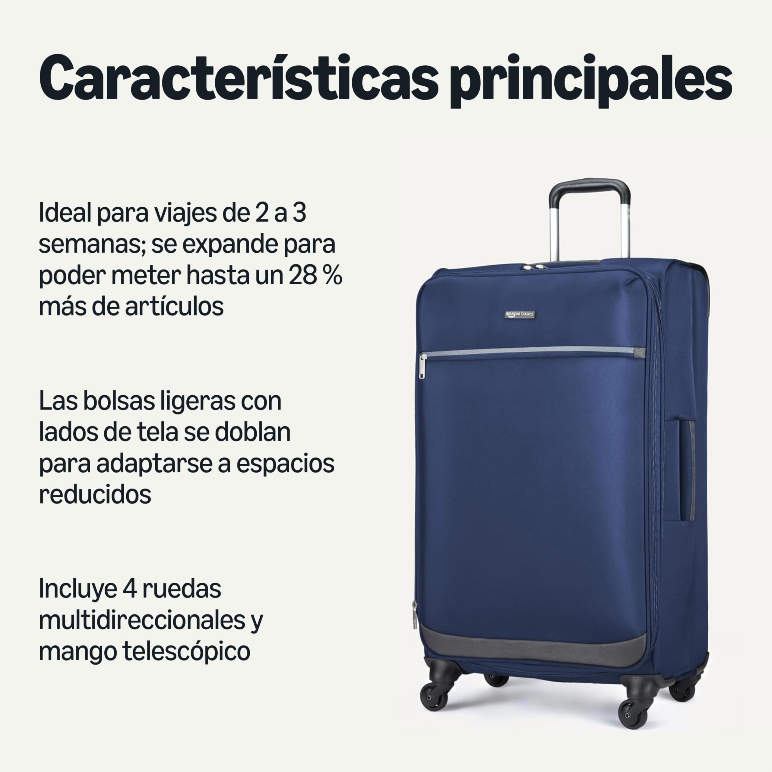 Amazon Basics Maleta Blanda Grande (76 cm), Con 4 Ruedas Giratorias Multidireccionales 360°, Expandible, Bolsillo con Cremallera y Correas, Asa Telescópica, Azul Marino