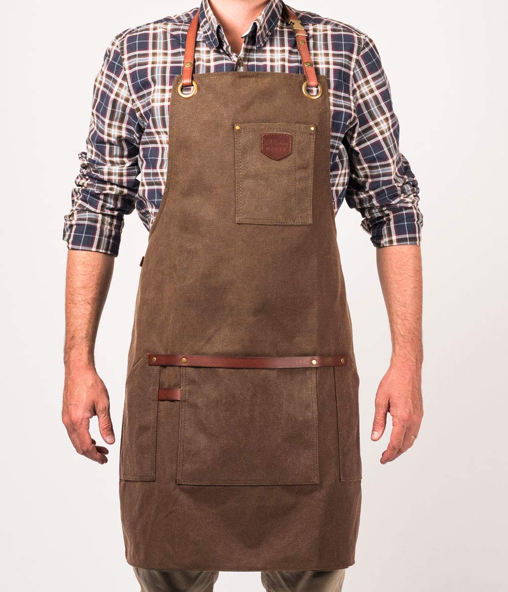 Alaskan MAKER Premium Arbeitsschürze aus beschichteter Baumwolle und echtem Leder Nr. 547 - überkreuzte Träger - Unisex & Universalgröße, Tabakfarben, Einheitsgröße