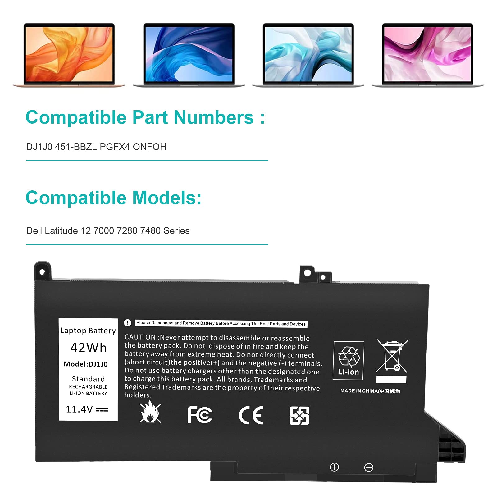 ASUNCELL 42WH DJ1J0 PGFX4 Batterie d'ordinateur Portable pour Dell Latitude 7280 7290 7380 7390 7480 7490 Batterie Lithium-ION 451-BBZL PGFX4 ONFOH DJ1JO Batterie 6 Cellules