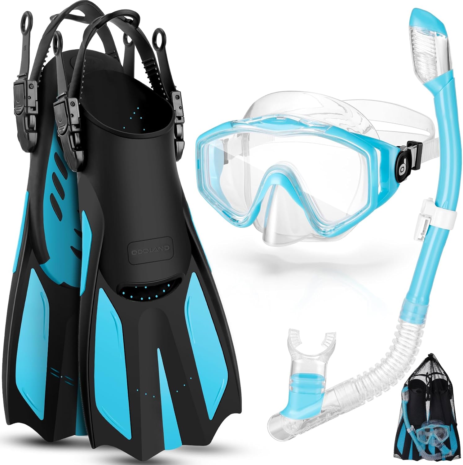 Odoland Snorkel Set, Adults Snorkeling Packages with Dry Top Diving Mask, Adjustable Swim Fins, Mesh Bag, Anti-Fog Anti-Leak Snorkeling Gear for Men Women Light Blue S/M (US Men 4.5-8.5/ Wom