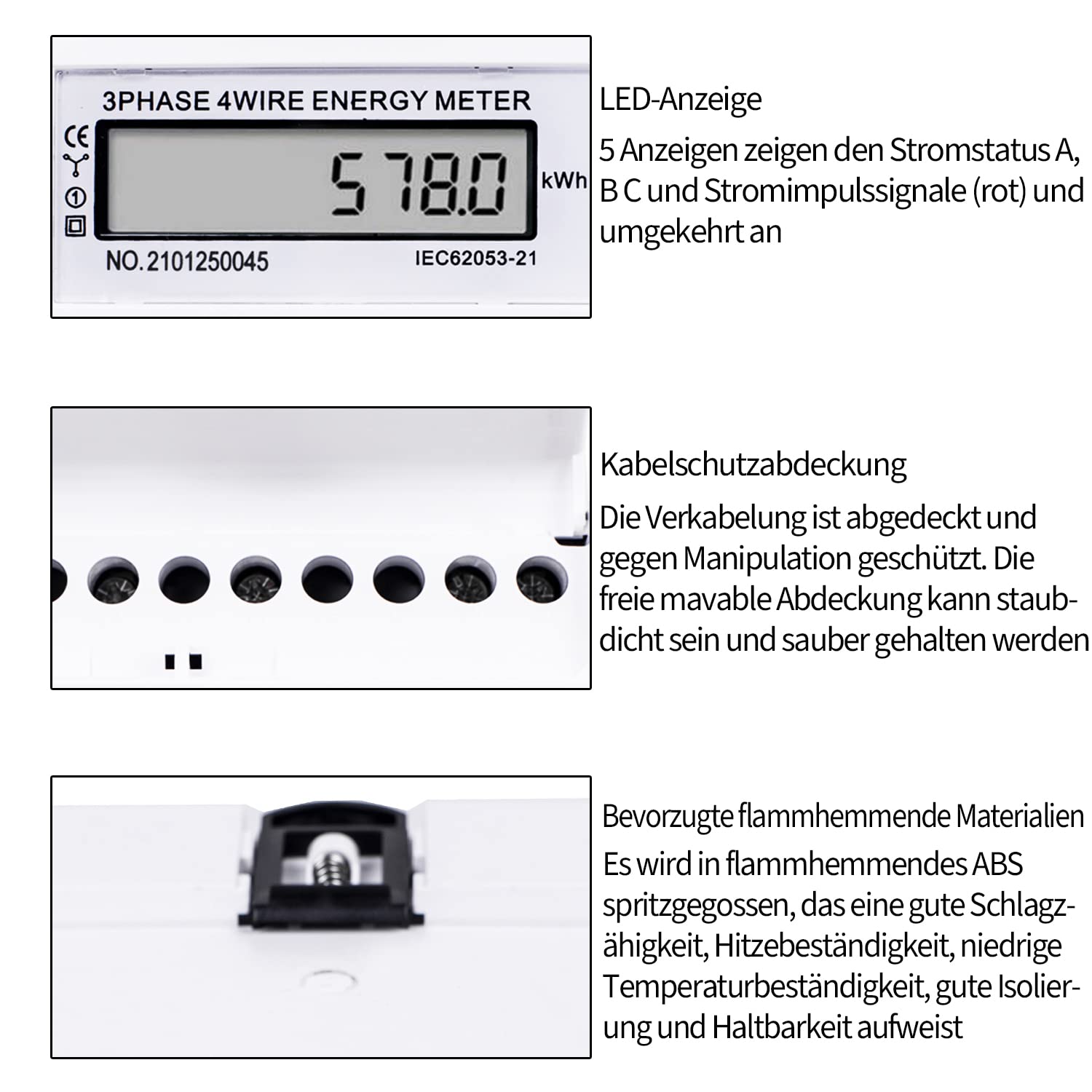 Contatore di corrente trifase digitale con LCD, 3 fasi 4 fili, contatore di corrente alternata, contatore di corrente calibrato per guida DIN DIN per ingegneria edilizia, sistemi di gestione