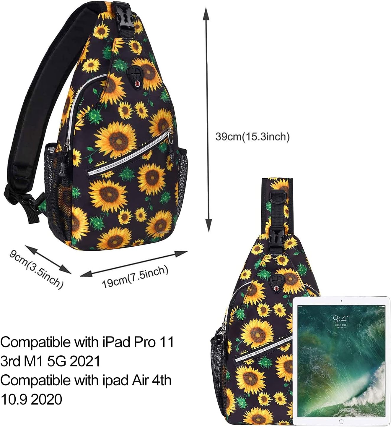 MOSISO Sling Backpack,Travel Hiking Daypack Sunflower Rope Crossbody Shoulder Bag, Black - Image 3