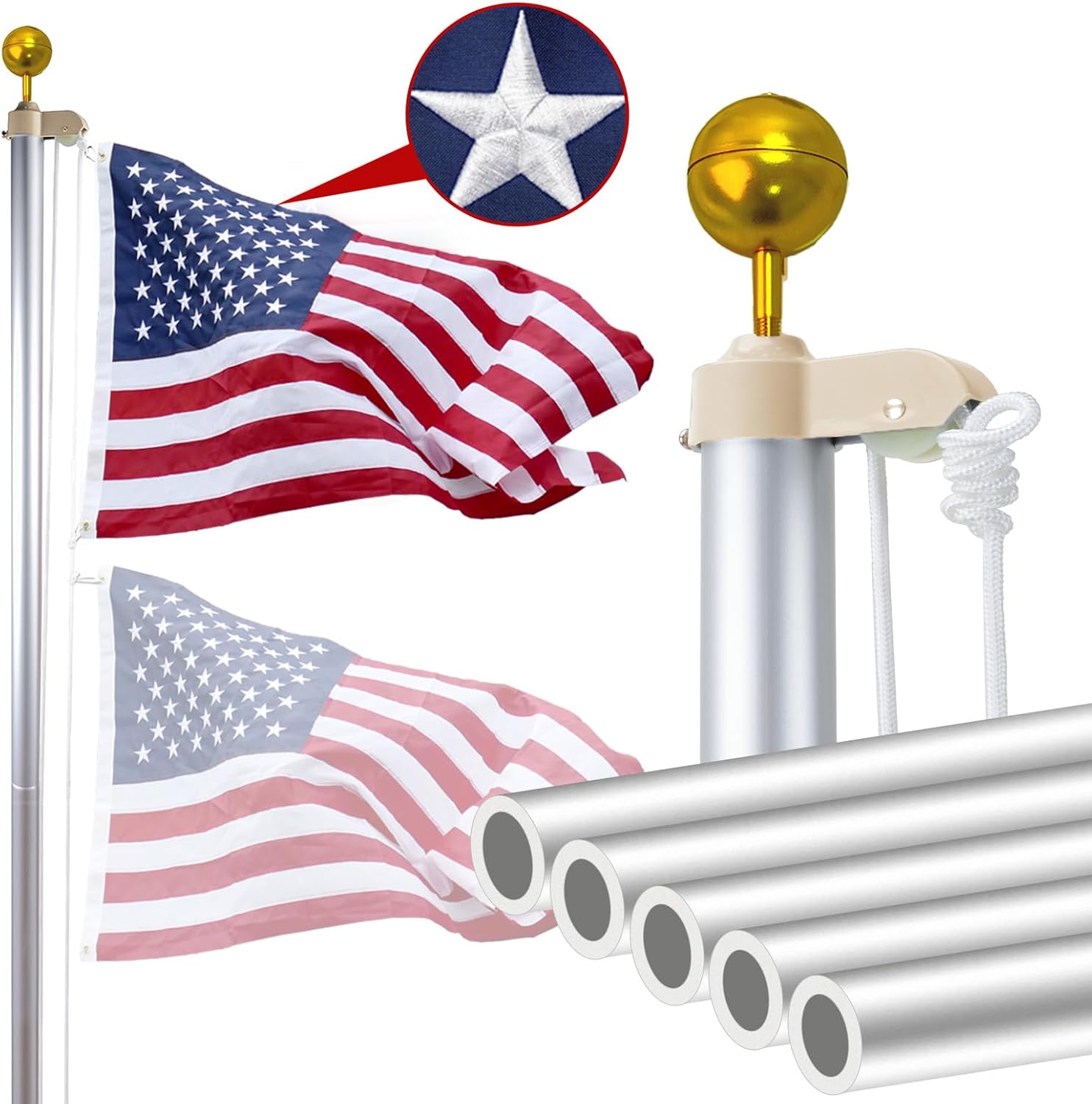 iElyiEsy 12 Gauge 20FT Heavy Duty Flag Pole with Aluminum Ball,Extra Thick Aluminum Flagpole Kit for Outside House In Ground, 100MPH Wind Tested,3'5' American Flag,Silver