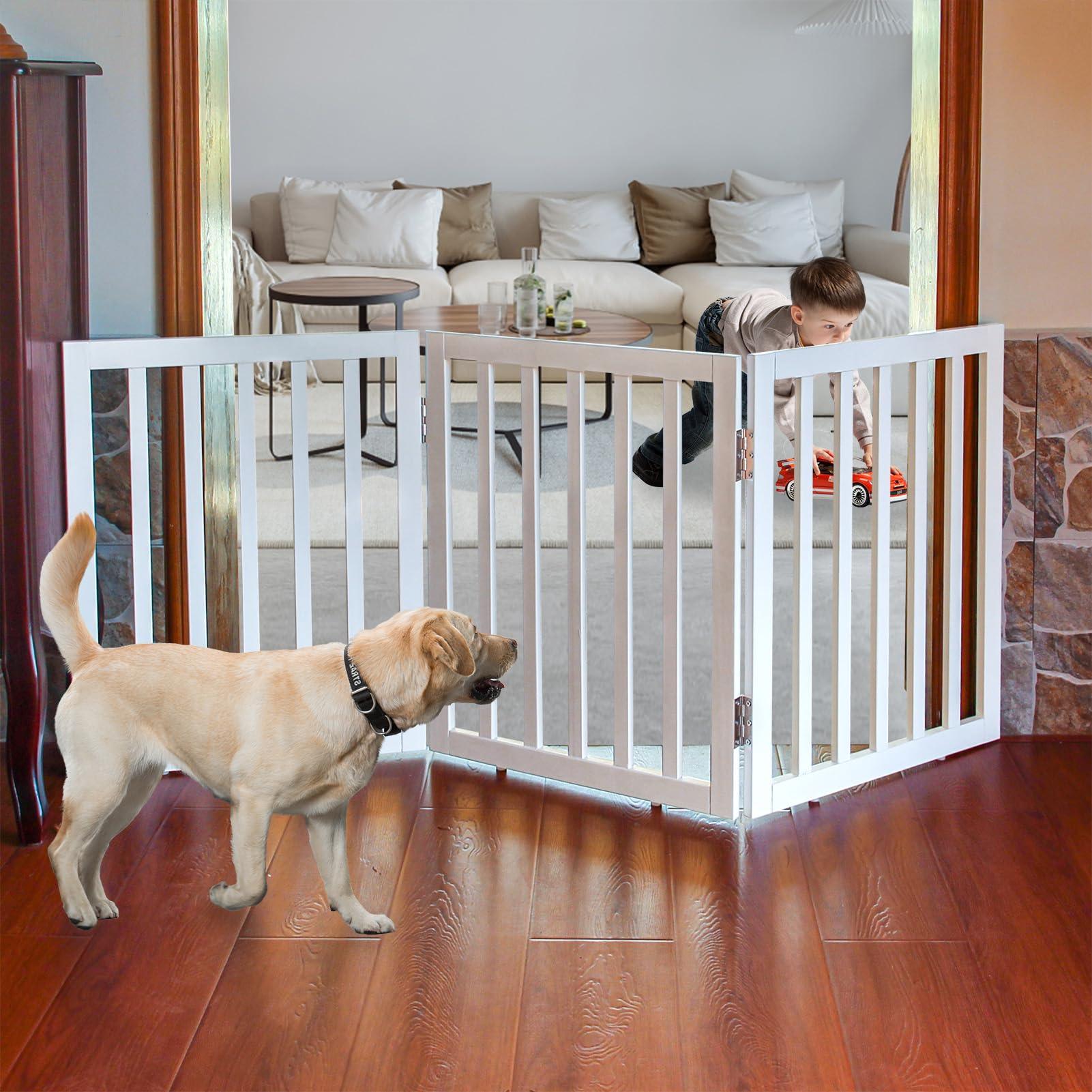 ZJSF Freestanding Indoor Dog Gate for House Foldable Wood White Puppy Gate for Doorways Pet Gate for Stairs Extra Wide Pet Fence 24