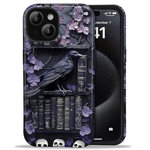 Amzfield Compatible with iPhone 14 Plus Case, Halloween Phone Case Fall Black Aesthetic Cute Cool Chic for Girl Women, Scratch Resistant Protective Girly Case for iPhone 14 Plus, Raven & Skull - for iPhone 14 Plus - z-raven