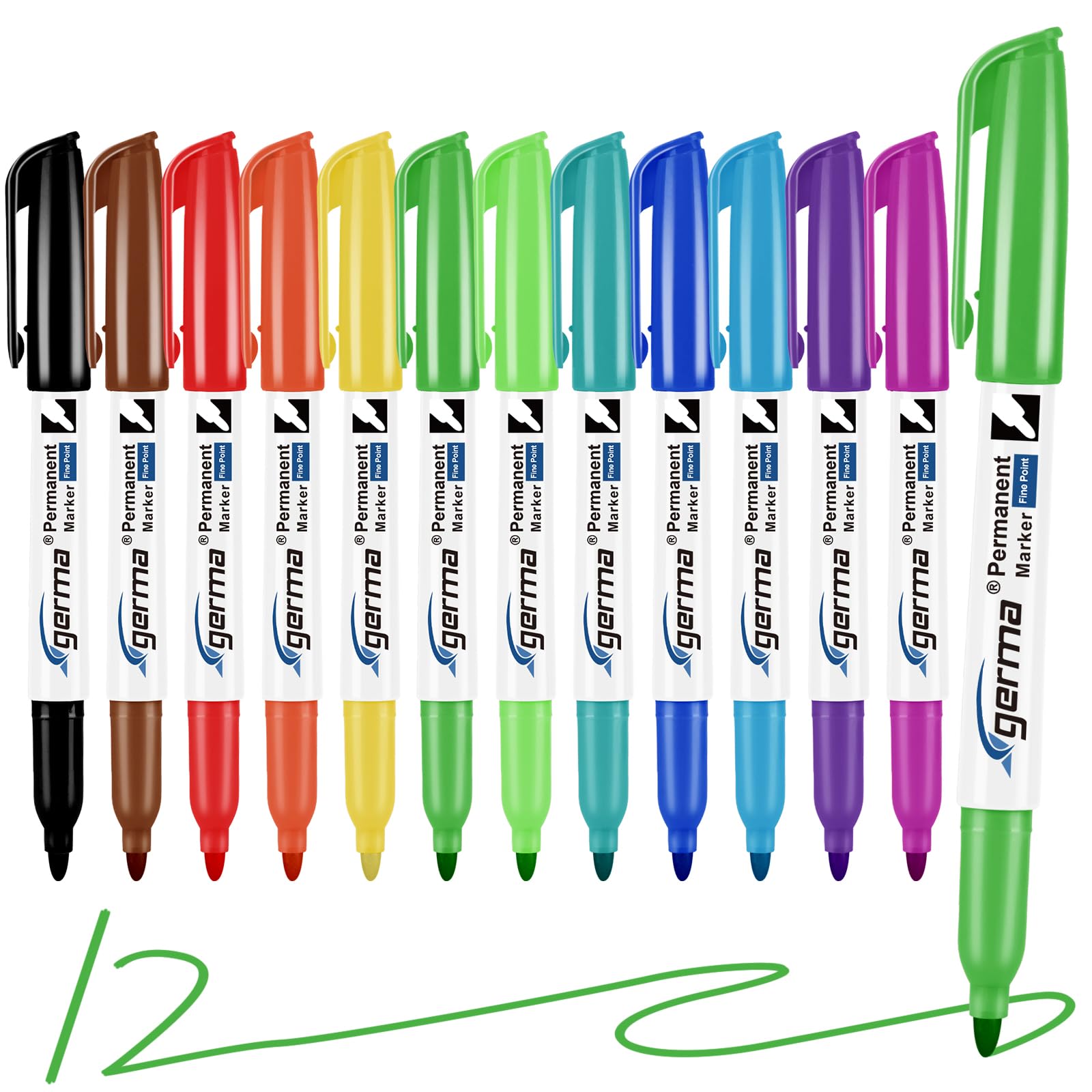 Cgerma Permanent Markers Assorted Colors, Fine Tip, 12 Vibrant Colored Permanent Markers, Waterproof, Fade-resistant, Works on Paper, Glass, Plastic,