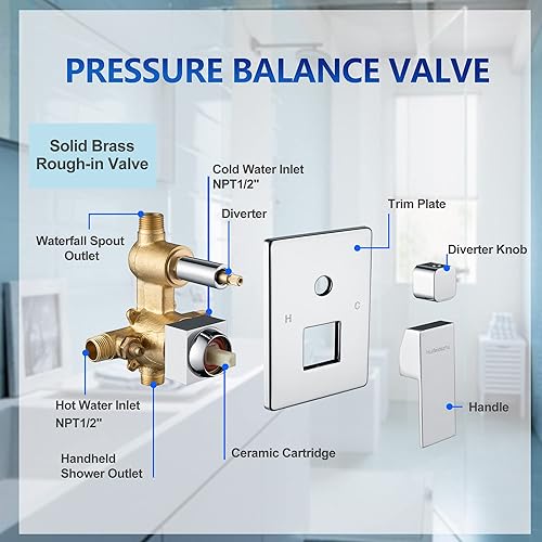 Miniatura 2 de Juego de grifo de bañera y ducha de montaje en pared, grifo de baño con boquilla en cascada de agua, grifo de bañera de alto flujo de latón macizo