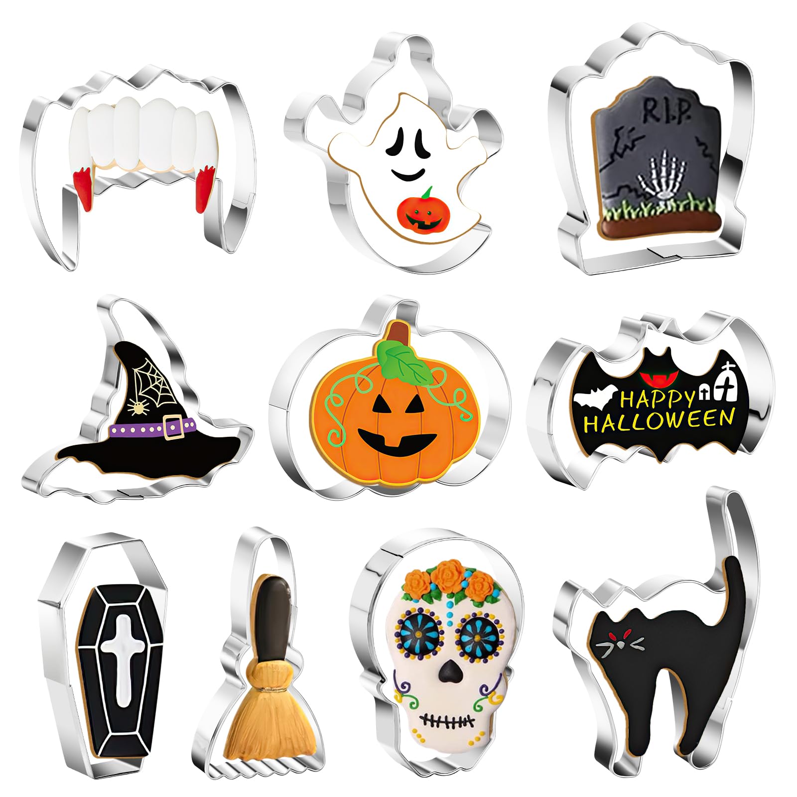 10PCS Halloween Cookie Cutters Set - Skull Bat Candy Corn Pumpkin Ghost Cookie Cutter Shaped, Holiday Stainless Steel Halloween Cookies Cutters Metal Baking Cutter Molds for Party Decorations