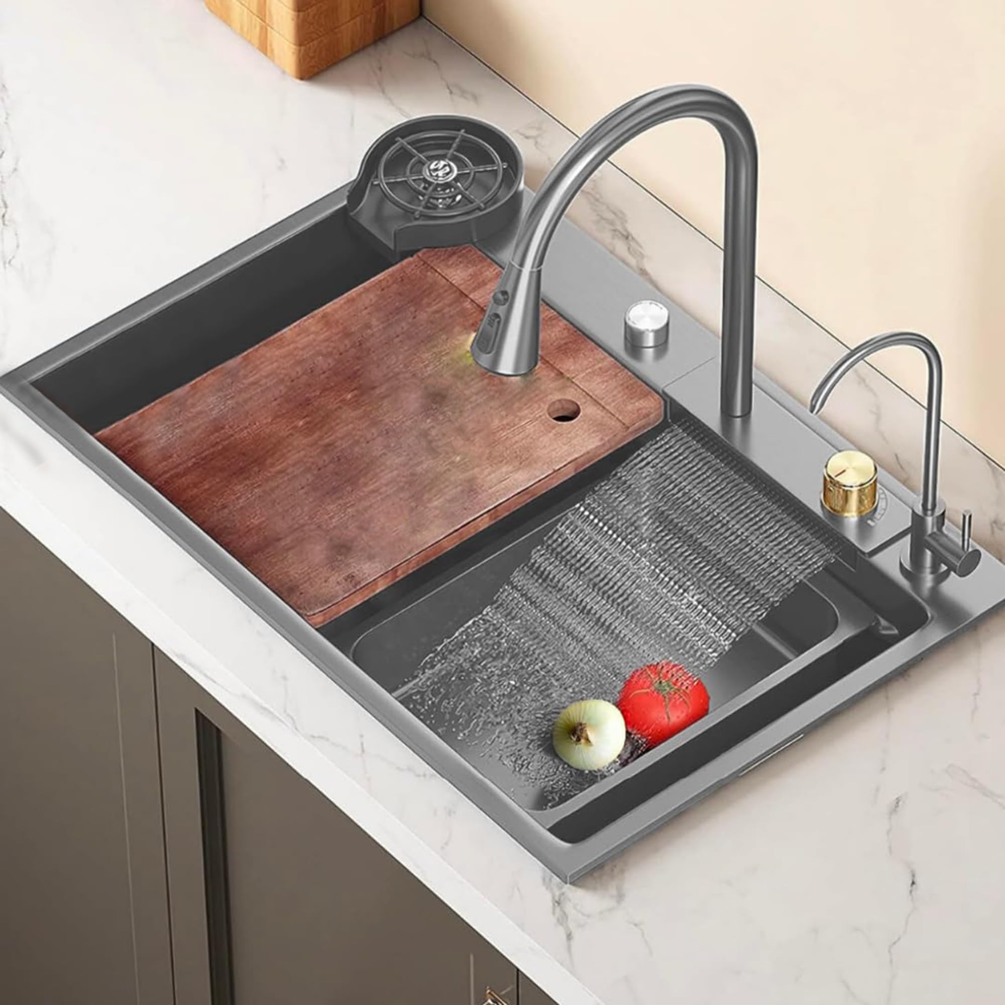Évier de cuisine cascade JATIBOSH cuve simple en acier inoxydable 304 noir