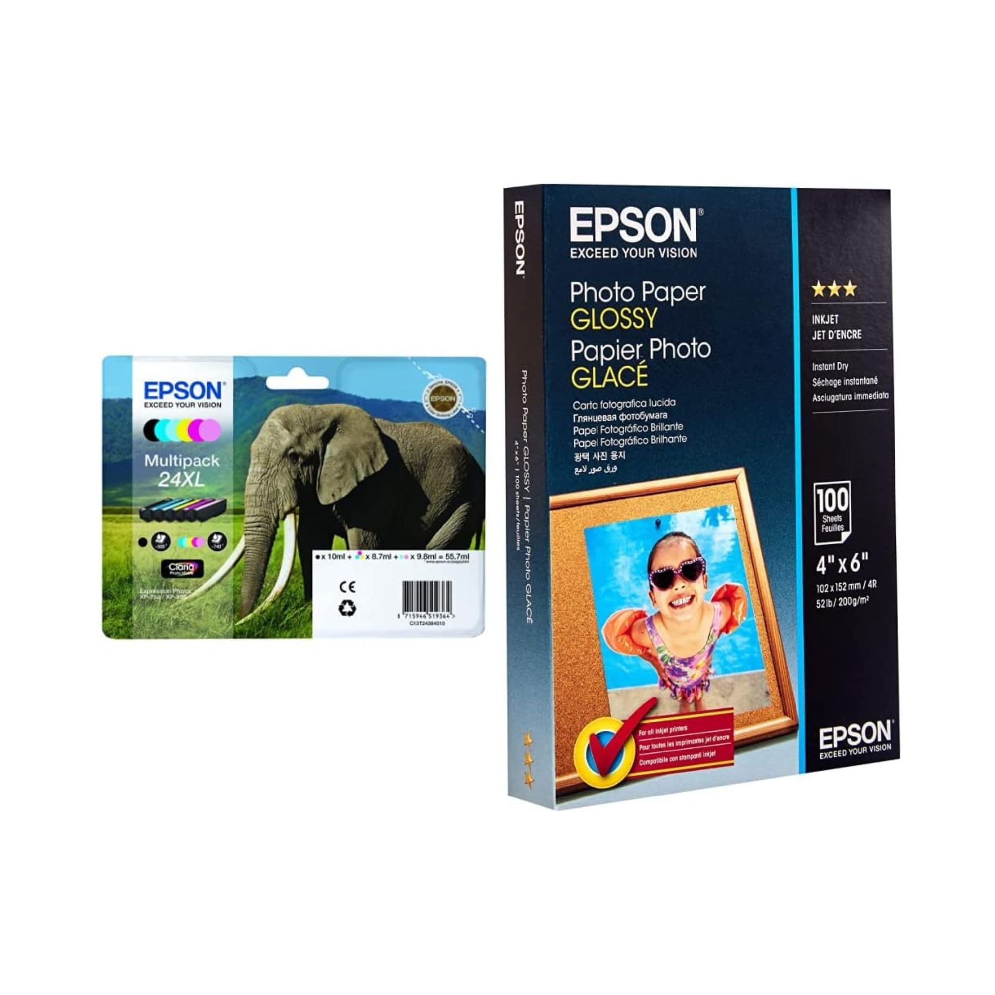 Epson 24XL Serie Elefante Cartuccia Originale, Multipack, XL, 6 Colori & Carta Fotografica Lucida, 10x15cm, 100 Fogli, Bianco