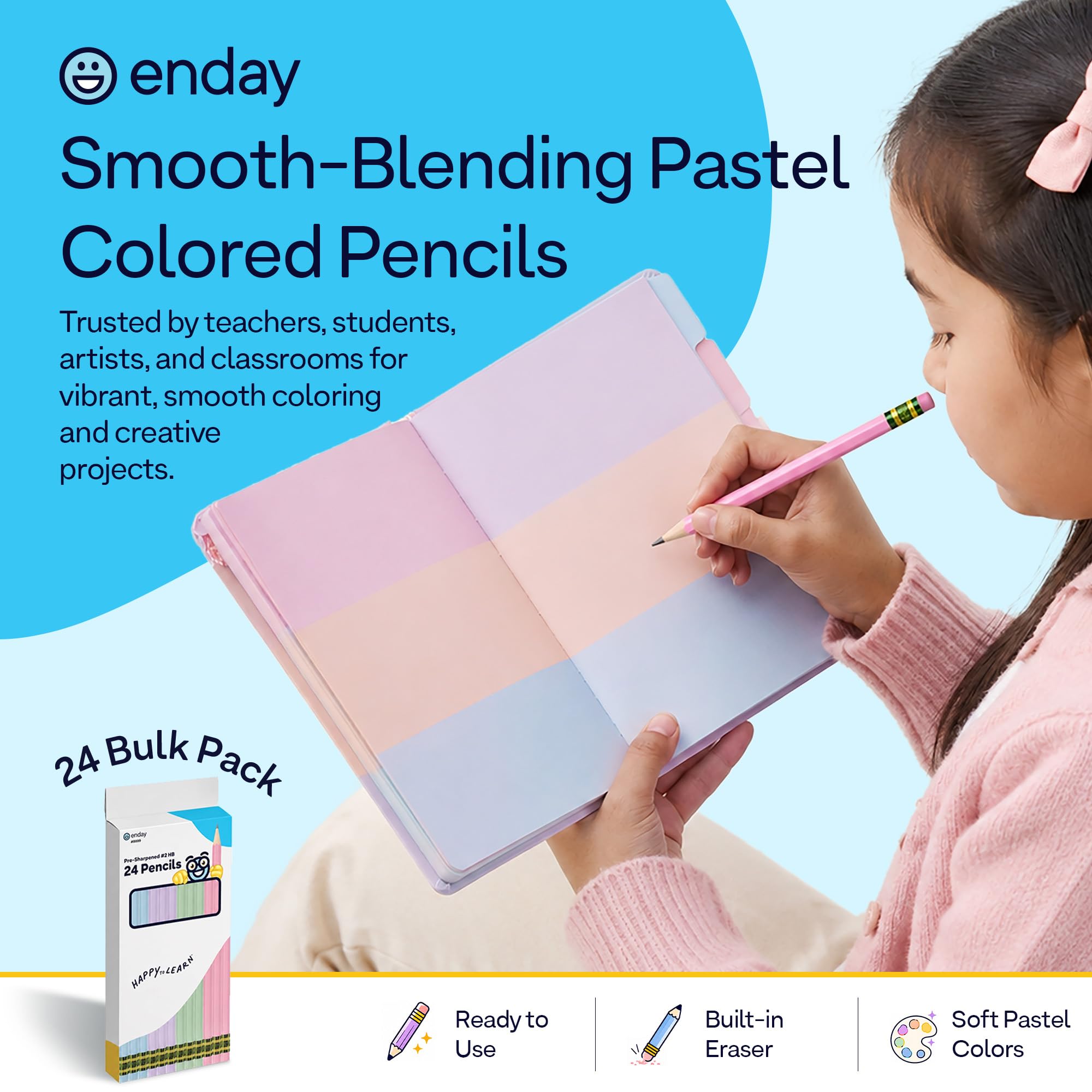 Enday Lot de 24 crayons aiguisés pour enfants Couleurs pastel