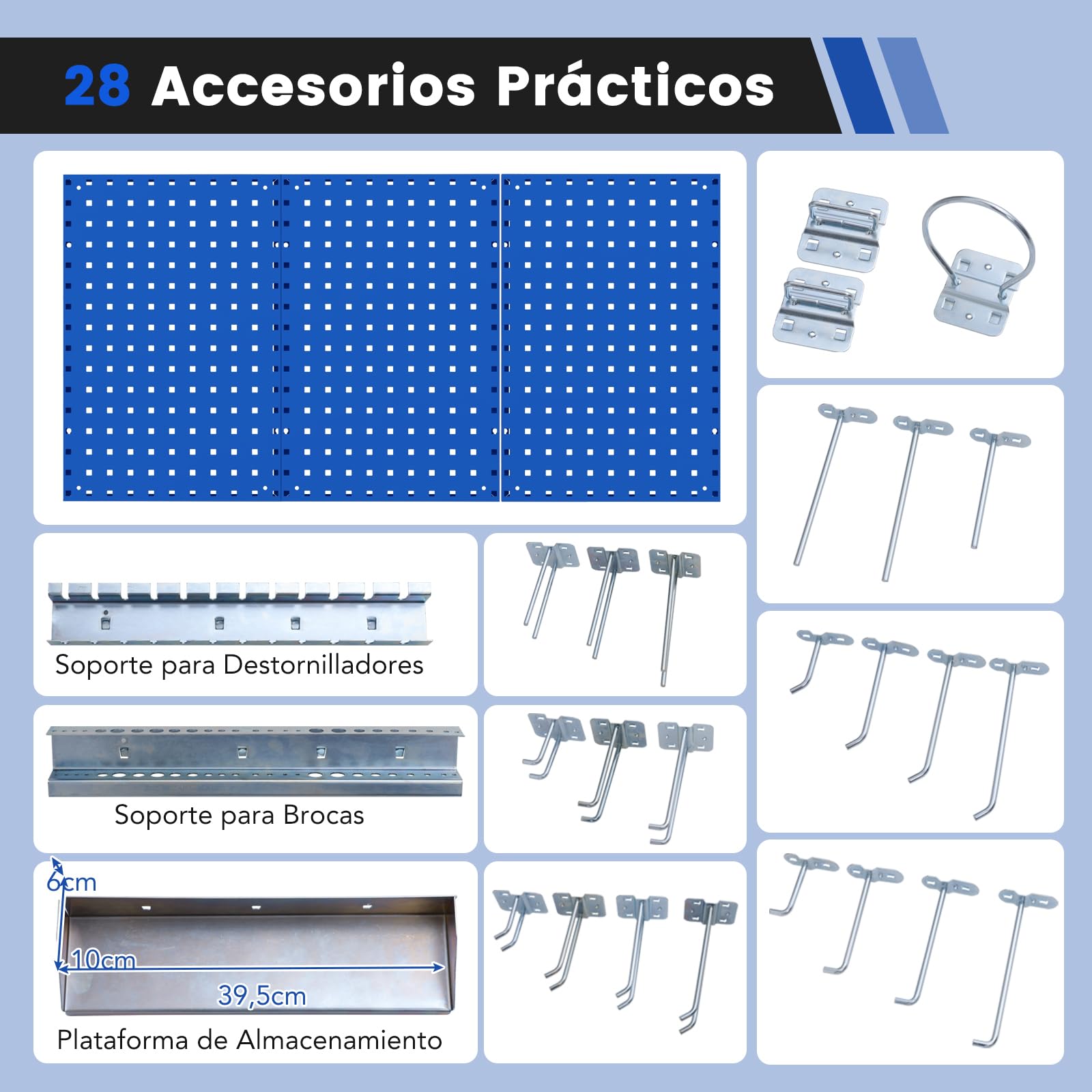 GOPLUS Panel Herramientas Pared, Panel Perforado 3 Piezas con 25 Ganchos, Organizador Herramientas Pared para Brocas y Destornilladores, Kit de Tablero de Clavijas de Metal para Garaje Taller (Azul)
