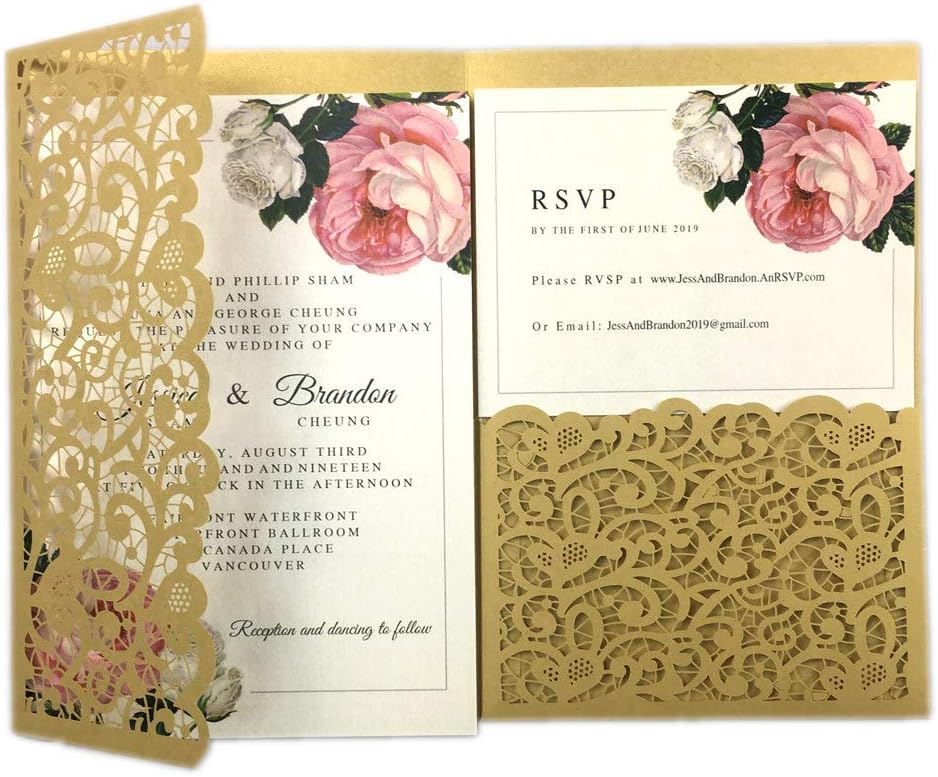 25pcs 5"x7.28" Ivory Vintage Tri Fold Wedding Invitations Cards pocket Pearl Paper Laser Cut Hollow Carving Greeting invites Covers only no envelope no insert