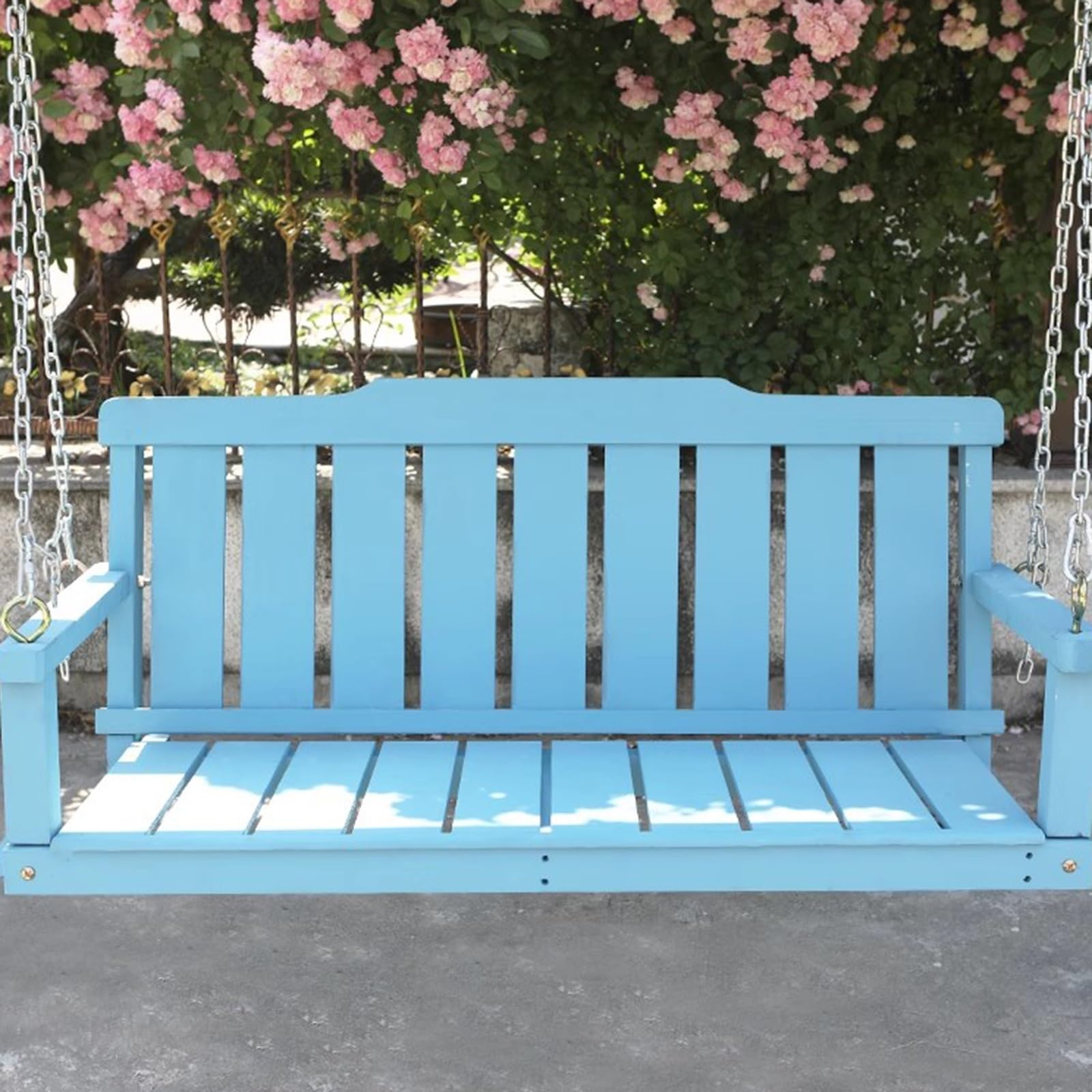 Altalena da Esterno in Legno per 2 Persone, Panca Sospesa per Altalena da Esterno Resistente da 350 kg, Catene Superiori Regolabili da 500 cm, Schienale a Doghe(Blue,150cm/59in)