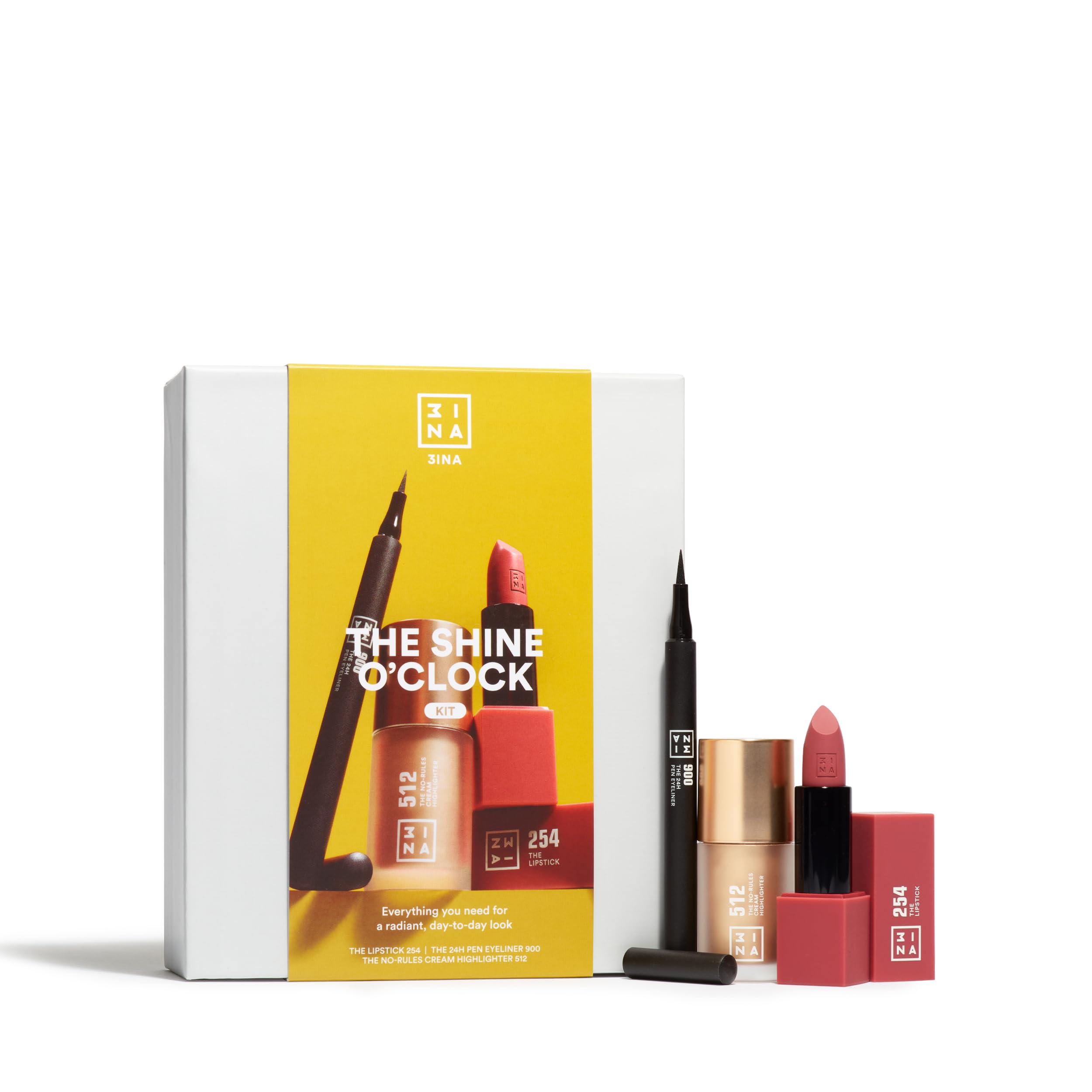 3INA MAKEUP - The Shine O'Clock Kit - The Best Makeup Gift Set - Black Eyeliner + Liquid Highlighter + Pink Lipstick