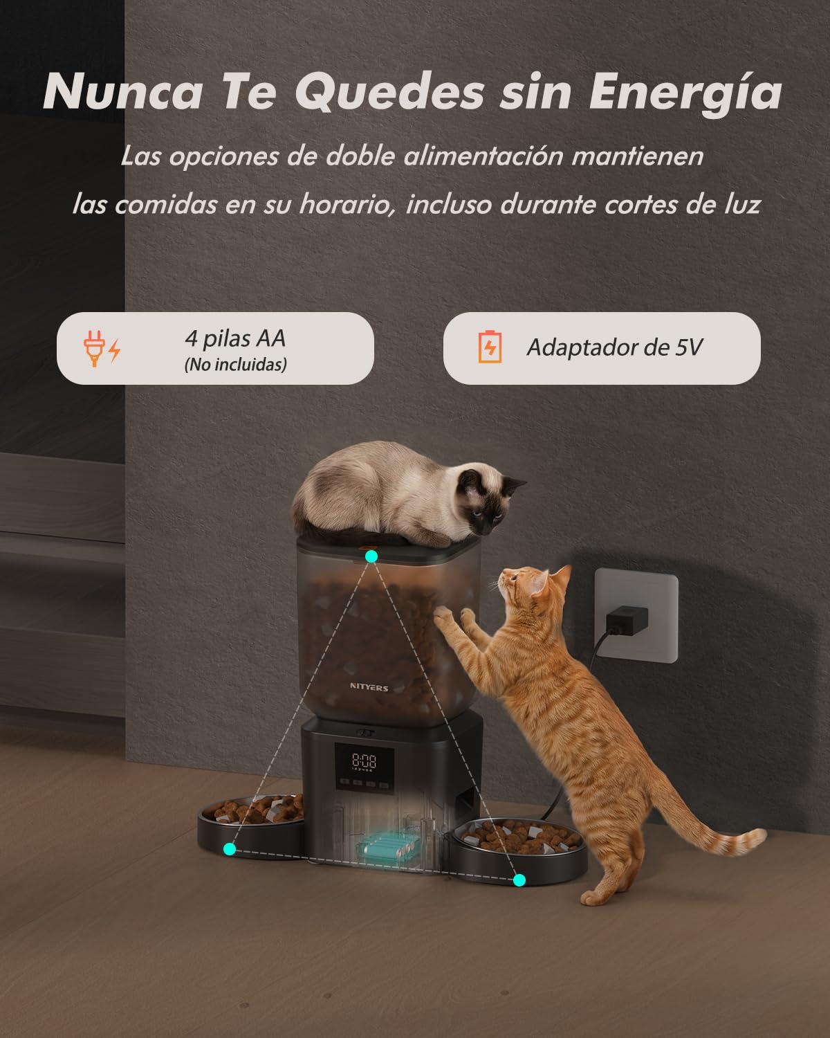 Comedero Gato Automatico 2 Tazones para Gatos y Perros | 8L, 2 Cuencos de Acero Inoxidable, para Pienso Seco 2-18mm, Hasta 50 Porciones y 6 Comidas al Día, Grabación 10s, Fresco