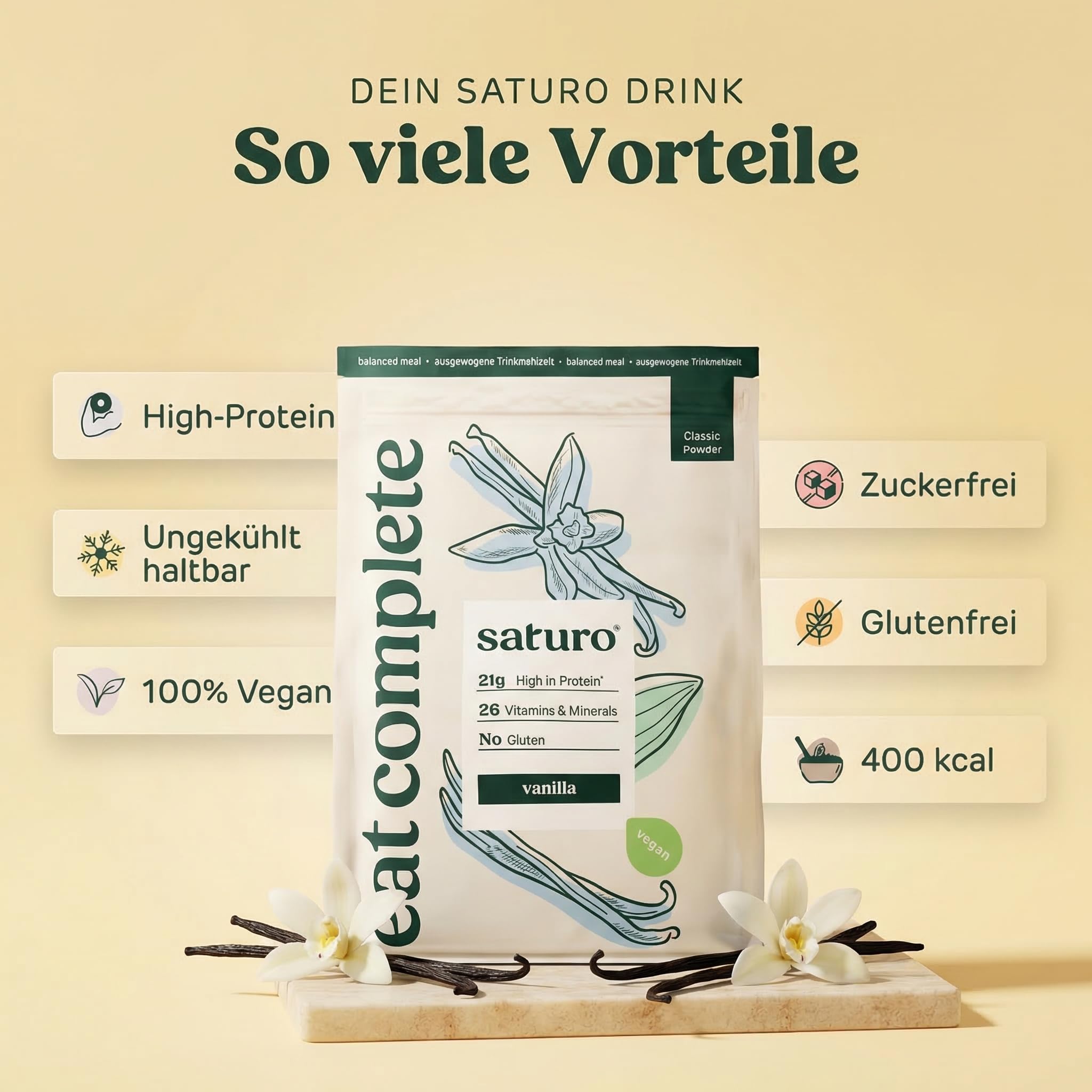 Saturo Mahlzeitersatz Shake Vanille | Proteinpulver Mit 21g Vegan Protein & 26 Wertvollen Nährstoffen | 1,43kg