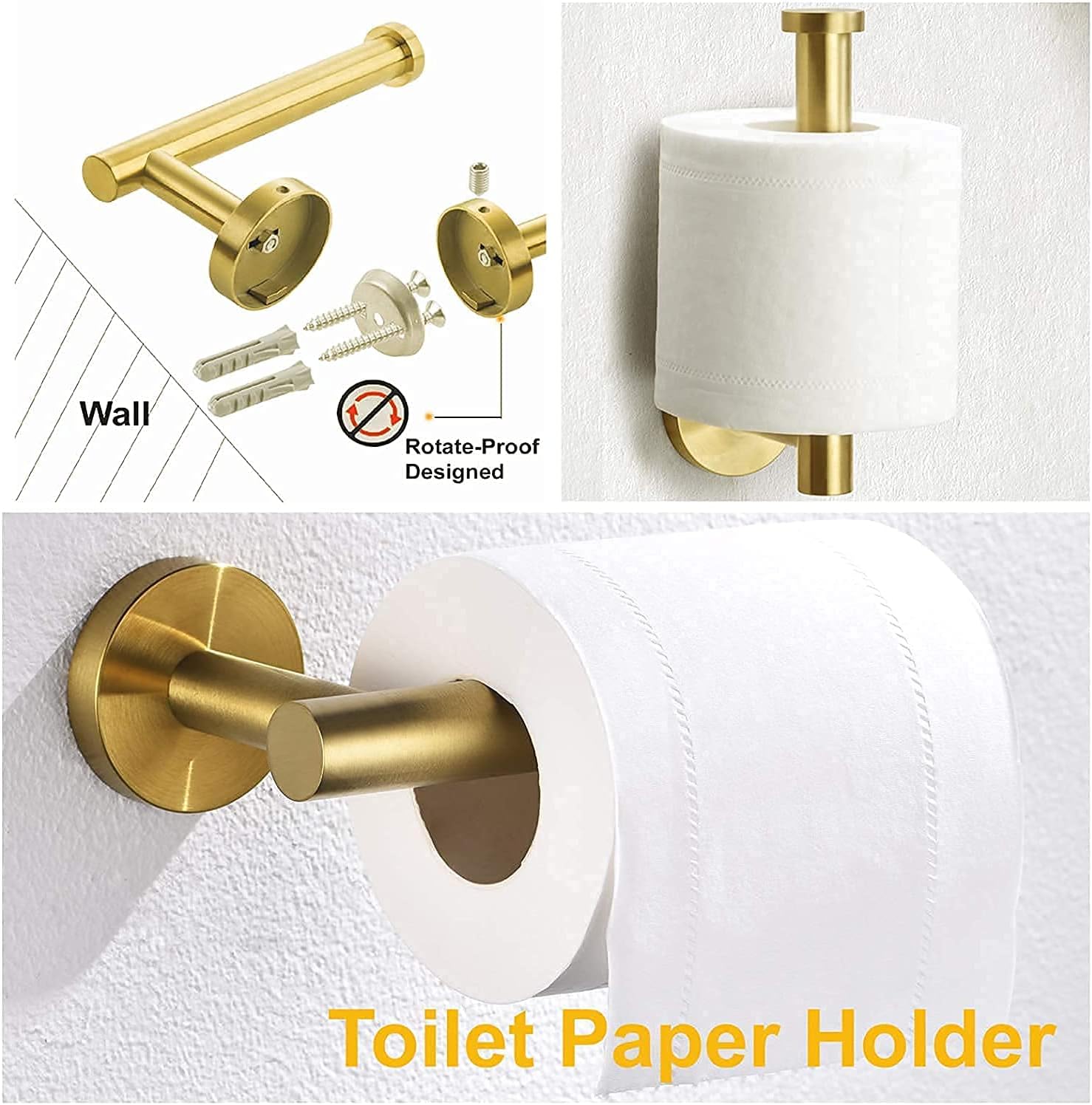 2 Pack 4 Piece Brushed Gold Bathroom Hardware Set , 24inch Towel Bar+Towel Ring+Toilet Paper Holder+ Robe Towel Hook ,Bathroom Accessories Set Brushed Gold Wall Mounted SUS304 Stainless Steel : Tools & Home Improvement