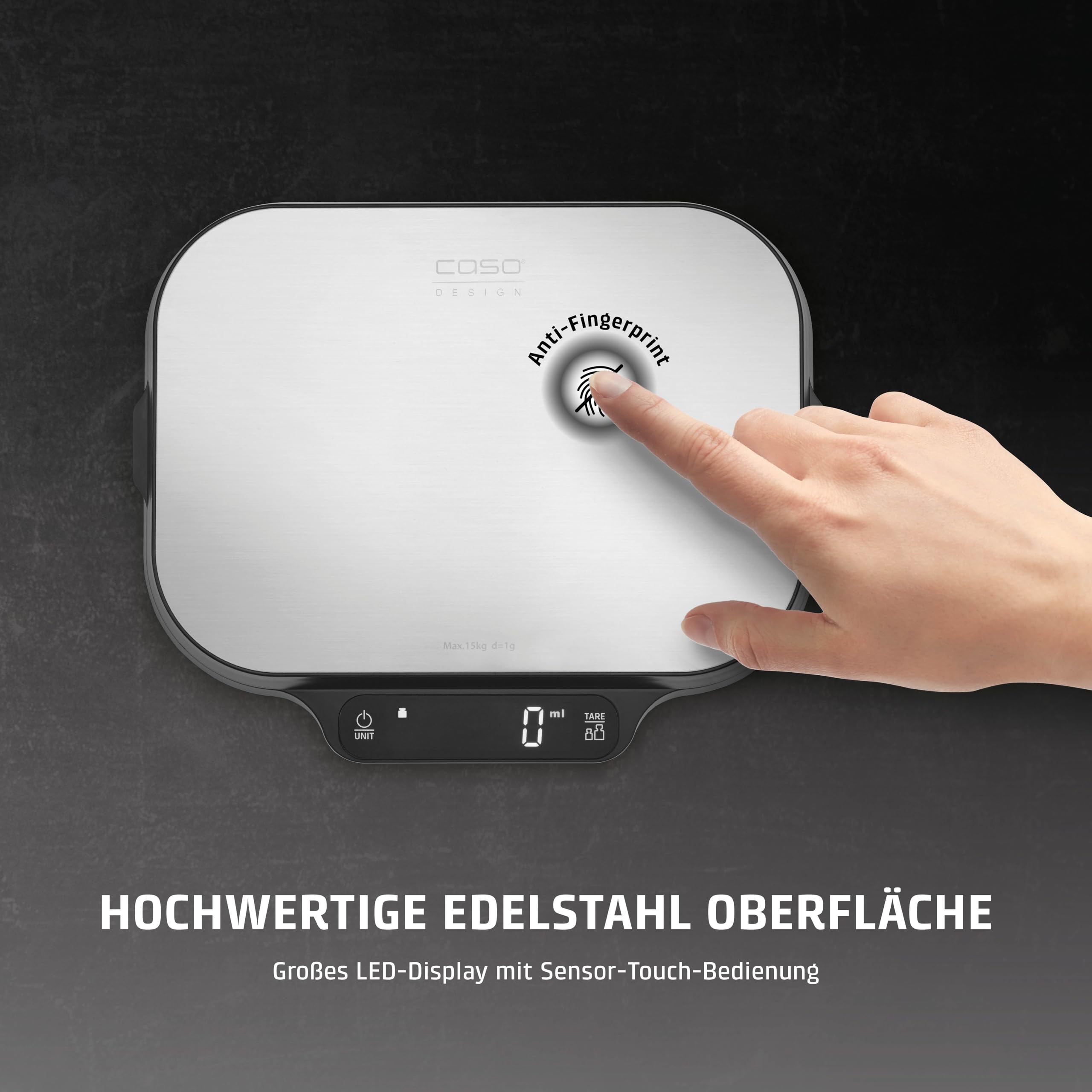 CASO KitchenDuo - 2 in 1 Küchenwaage inkl. Feinwaage, normale Wiegeskala 15kg in 1 g Schritten, Feinwaage bis 1 kg in 0,1 g Schritten, Hold Funktion, Gramm, Oz, ml, Edelstahl-Oberfläche