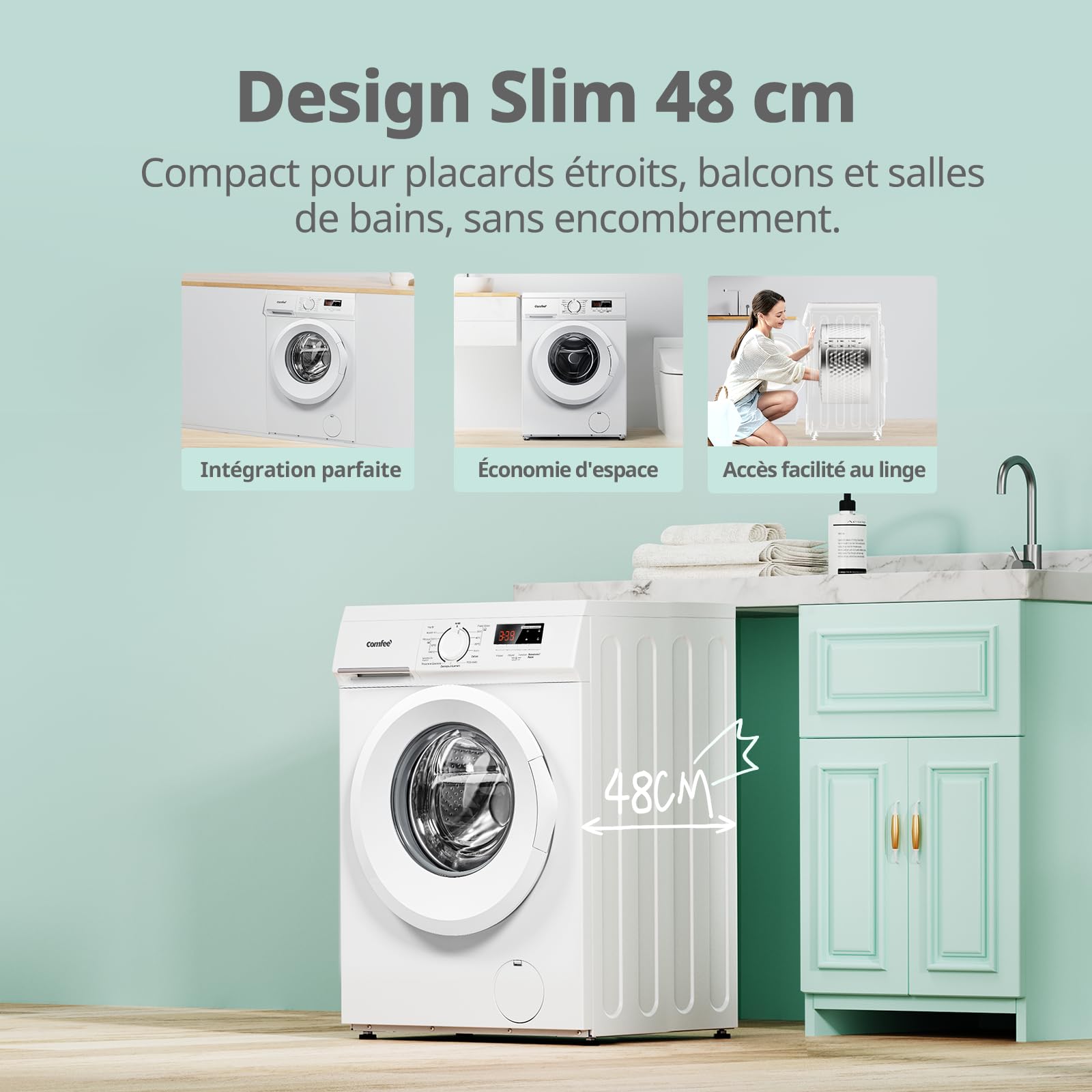 COMFEE' CFE12EW80/W-FR Lave-Linge Frontal 8KG, Classe énergétique A, Moteur BLDC 1400 Tr/Min, 15 Programmes, Prélavage, Blanc