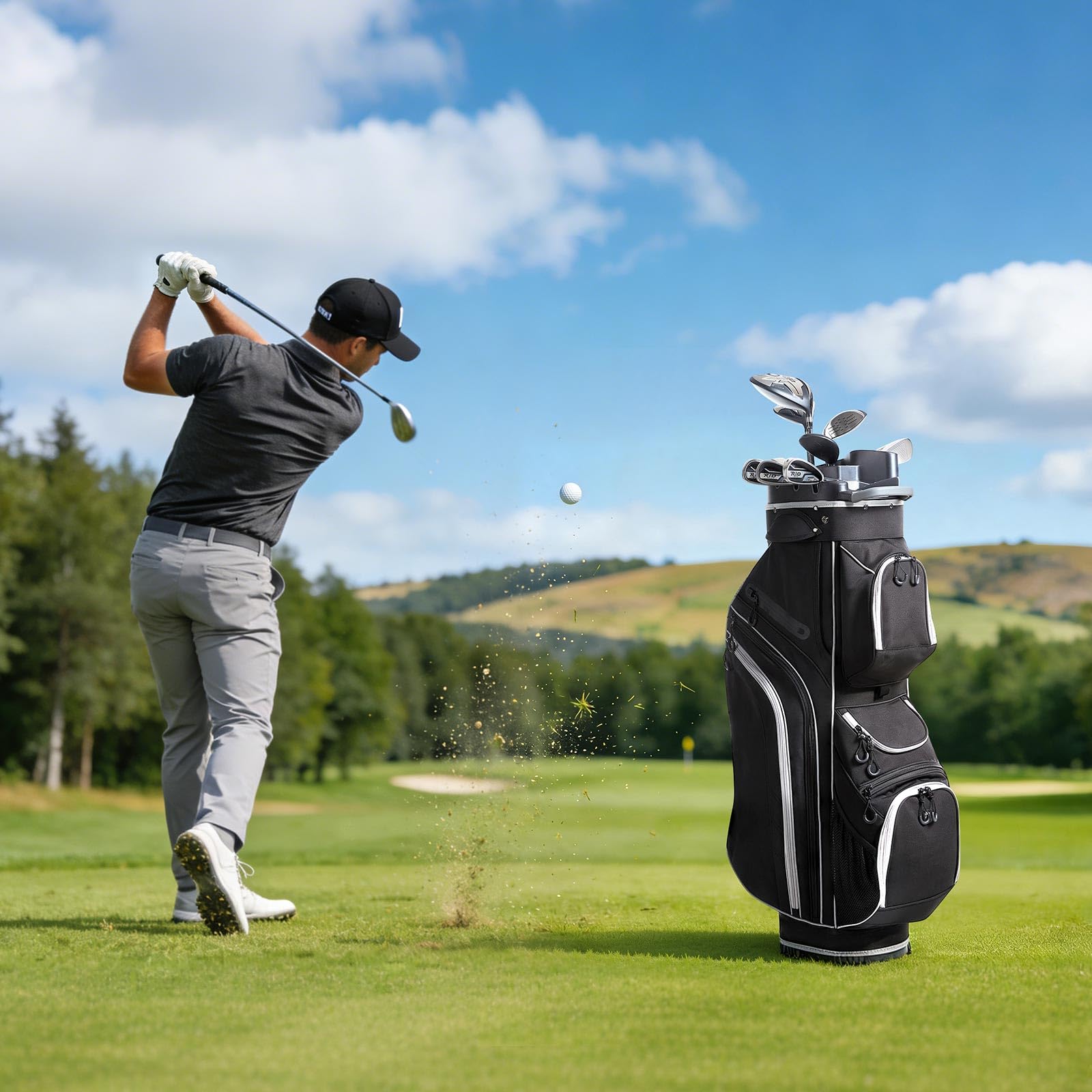 VEVOR Golftasche mit 14-fache Durchgehenden Schlägerfächern Tragegriffen Stautaschen Schultergurt Regenschutzhaube Leichtgängigen Reißverschlüssen Golfbag aus 900D Polyester Schwarz
