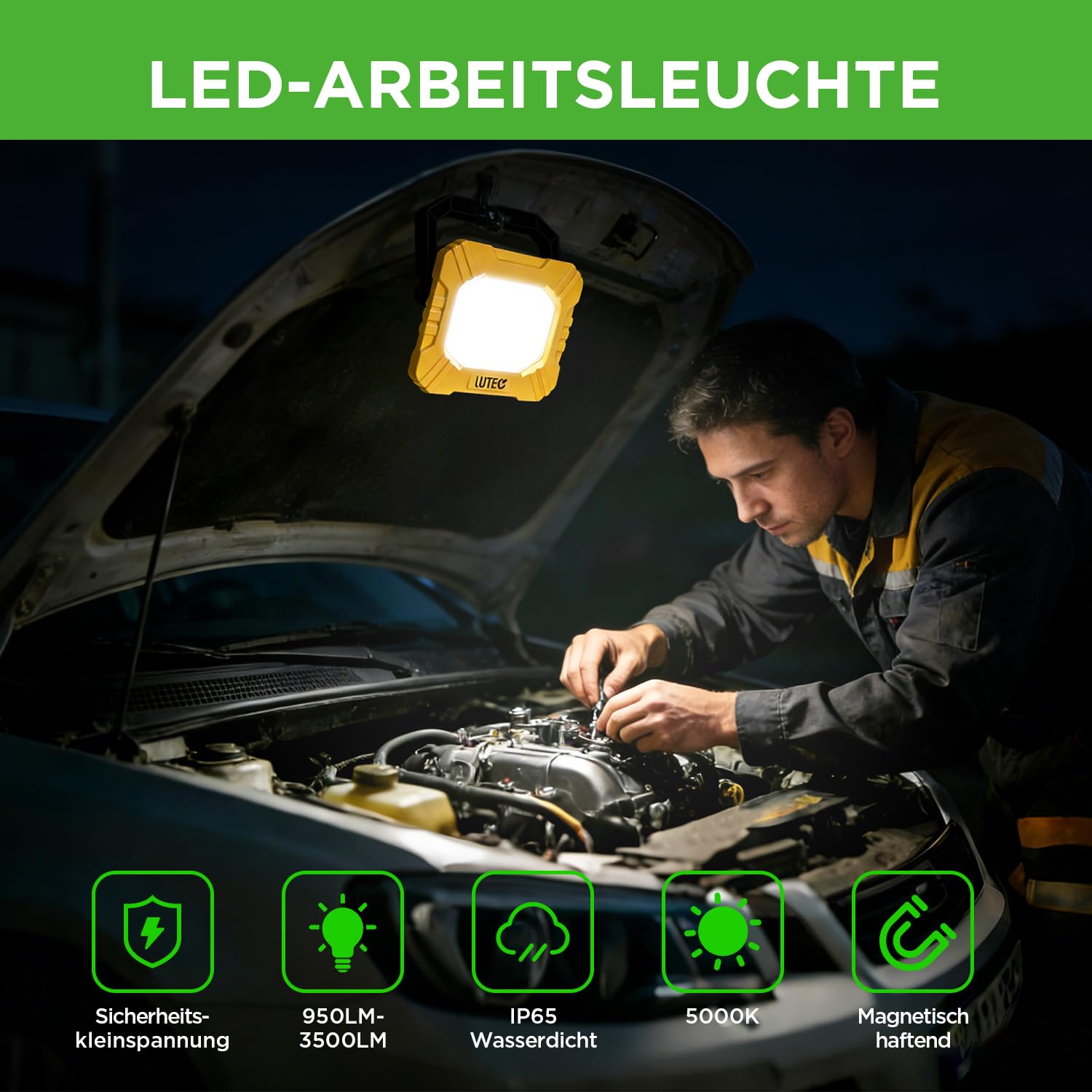 LUTEC 3500LM LED-Arbeitsleuchte, wiederaufladbare Magnet-Arbeitsleuchte mit Ständer, tragbare 5000K Flutlichtleuchte für Autoreparatur, Angeln, Camping, Notfälle, Wandern, 3 Modi (1 Stück)