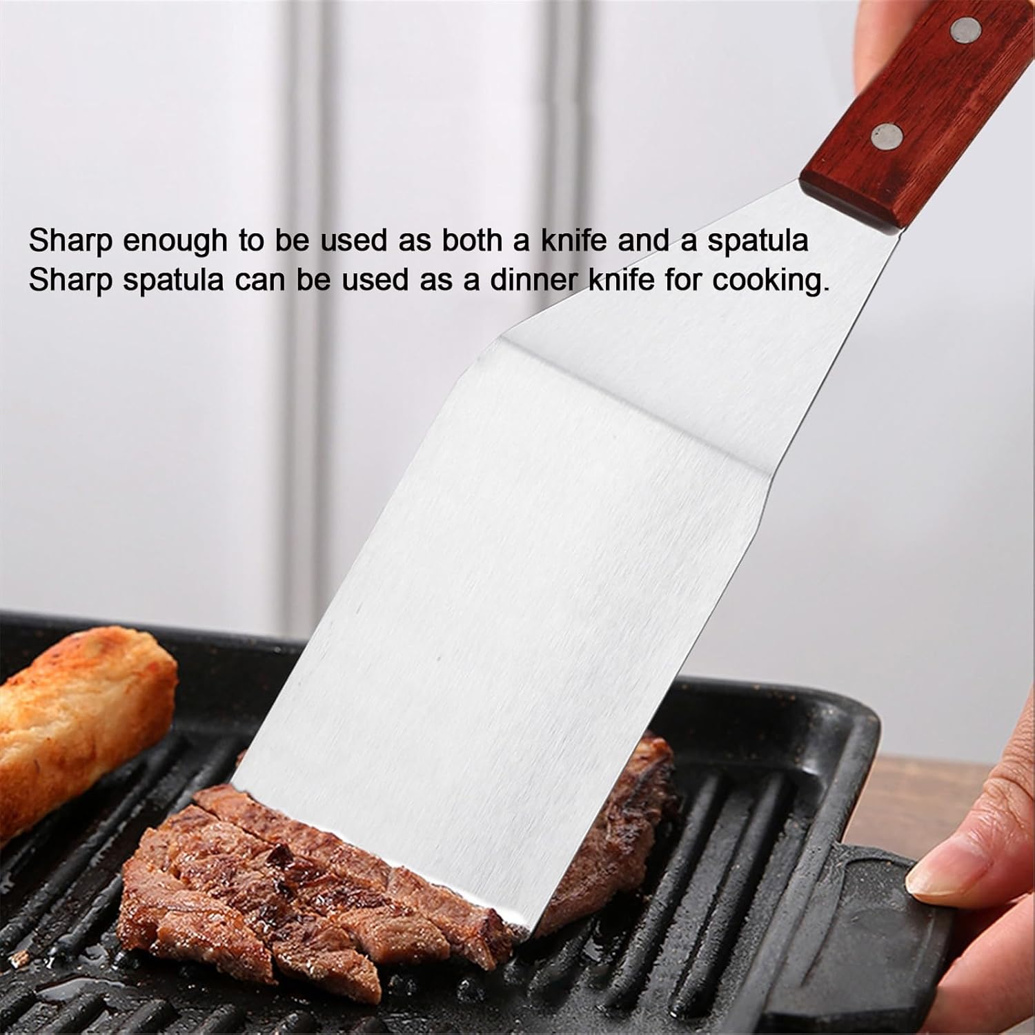 Commercial Stainless Steel Pizza Server Edge Sharp Cutting Transfer Lasagne Butter Cake Cutter Non-slip Wooden Handle Pie Server Hangable Storage(8pcs,Large - flat spatula)
