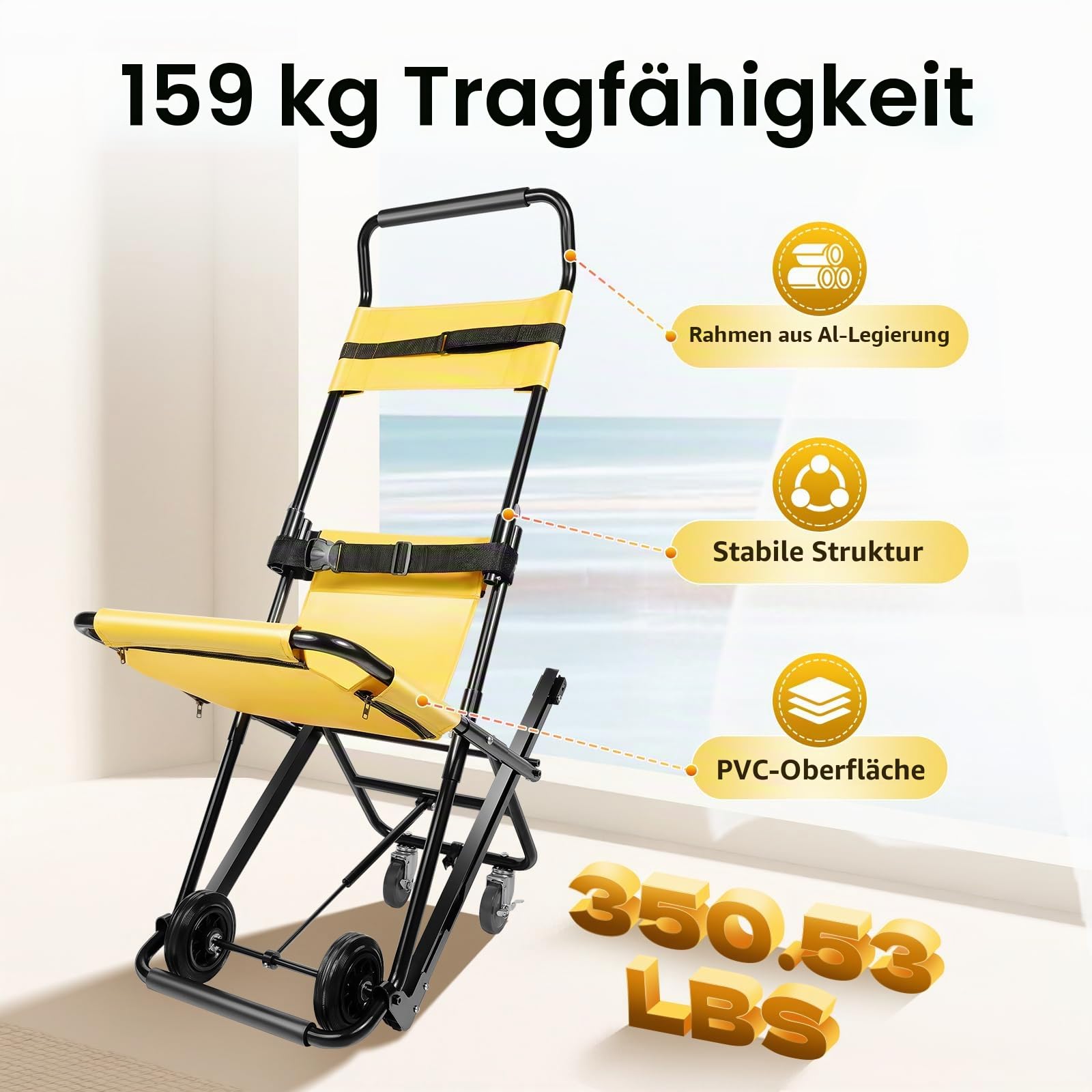Klappbarer Treppensteiger Rollstuhl, Tragbarer Treppenlift Aluminiumlegierung, Verstellbarer Evakuierungs-Treppenstuhl, Faltbare Transport Rollstuhl für Den Täglichen Transfer