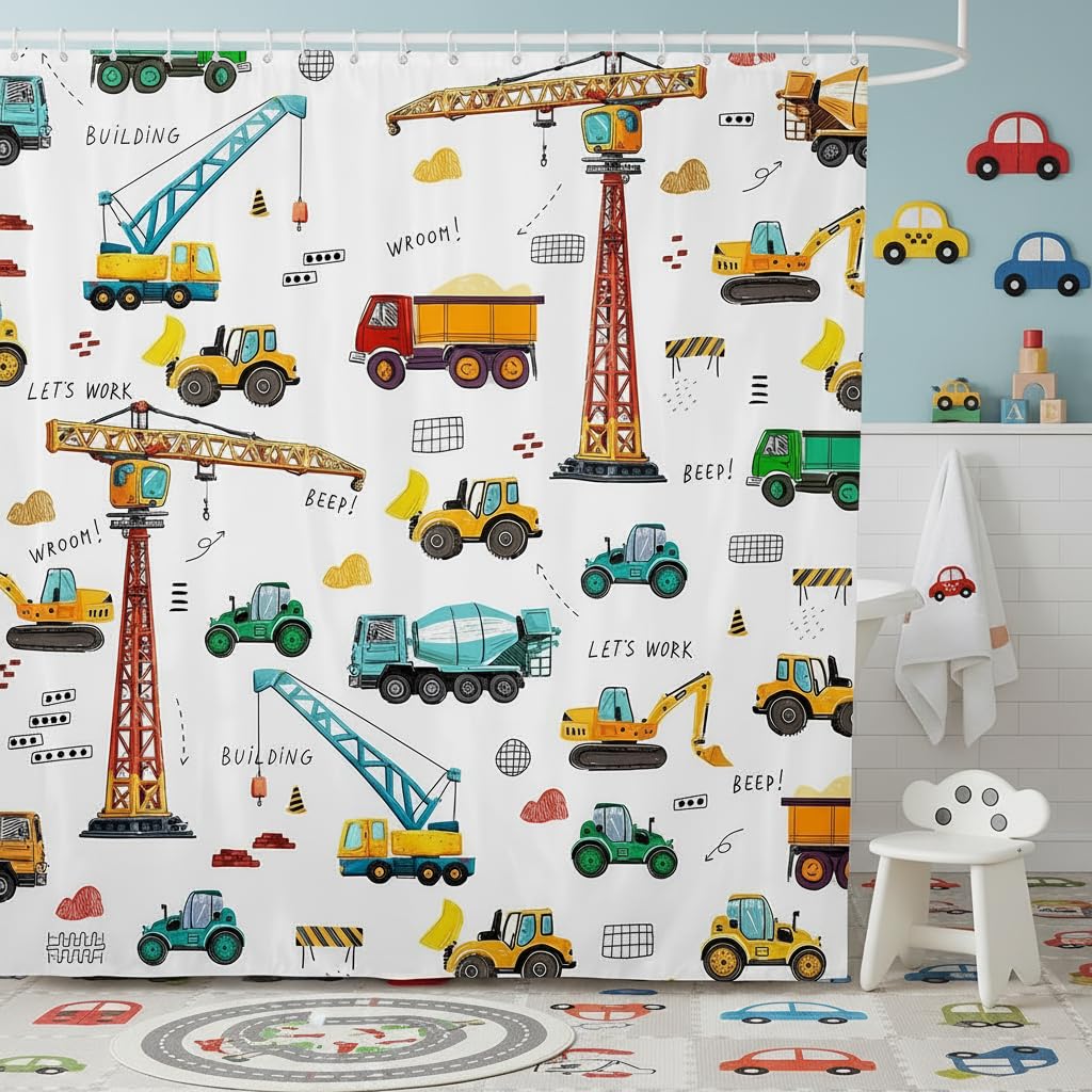 Erosebridal Kid Excavator Shower Curtain, Tractor Machinery Trucks, Construction Vehicle for Boys, Bulldozer Crane Bath Equipment, 72" W x 78" L