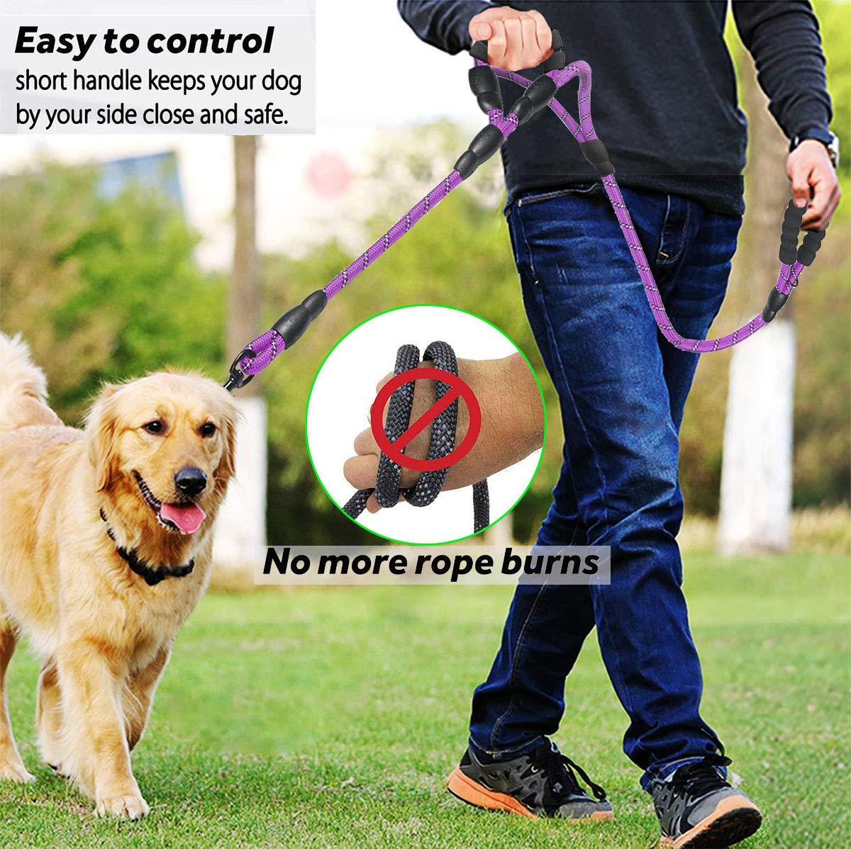 Correa para perros JSXD con asa doble cómoda acolchada y reflectante, para perros pequeños, medianos, grandes y pequeños, cuerda leash, cuerda morada.